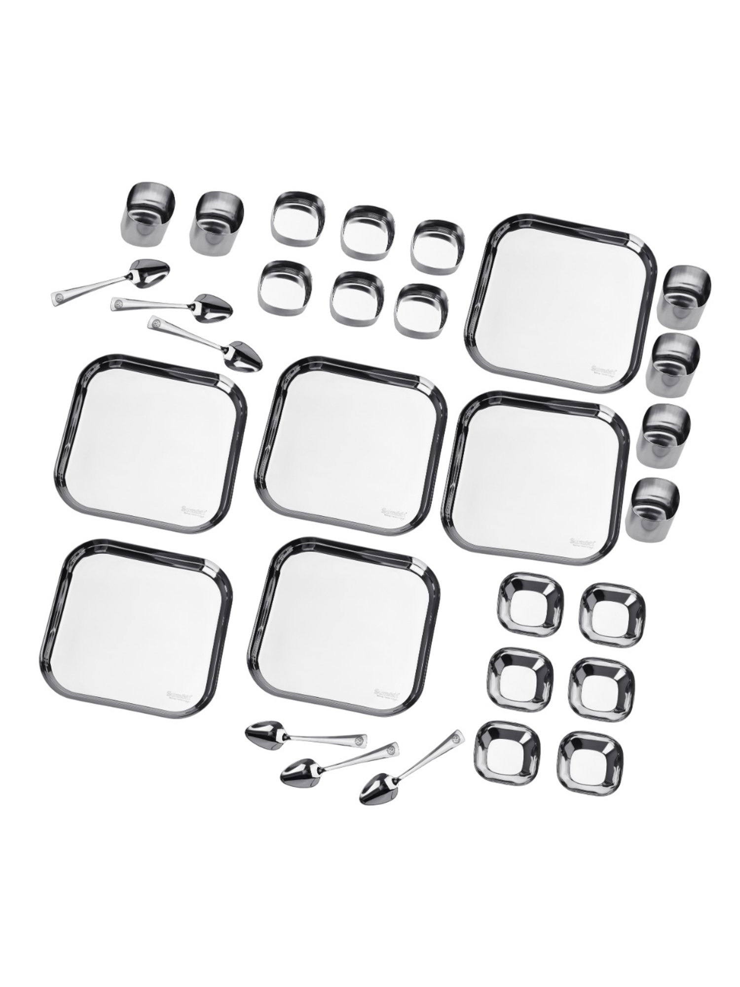 Sumeet Square S.S. Mirror Finish Dinner set of 30Pc(6 Plate,6 Halwa Plate,6 Bowl ,6 Glass,6 Spoon)