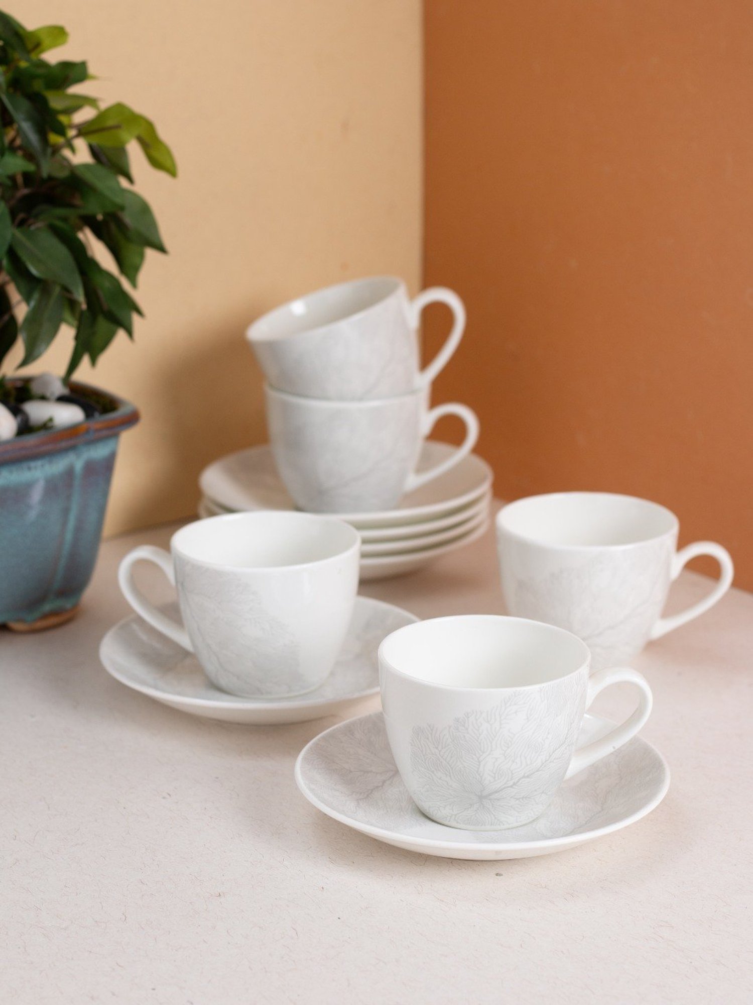 JCPL Fine Printed White Ceramic Cup & Saucer 180 ml - Set of 12