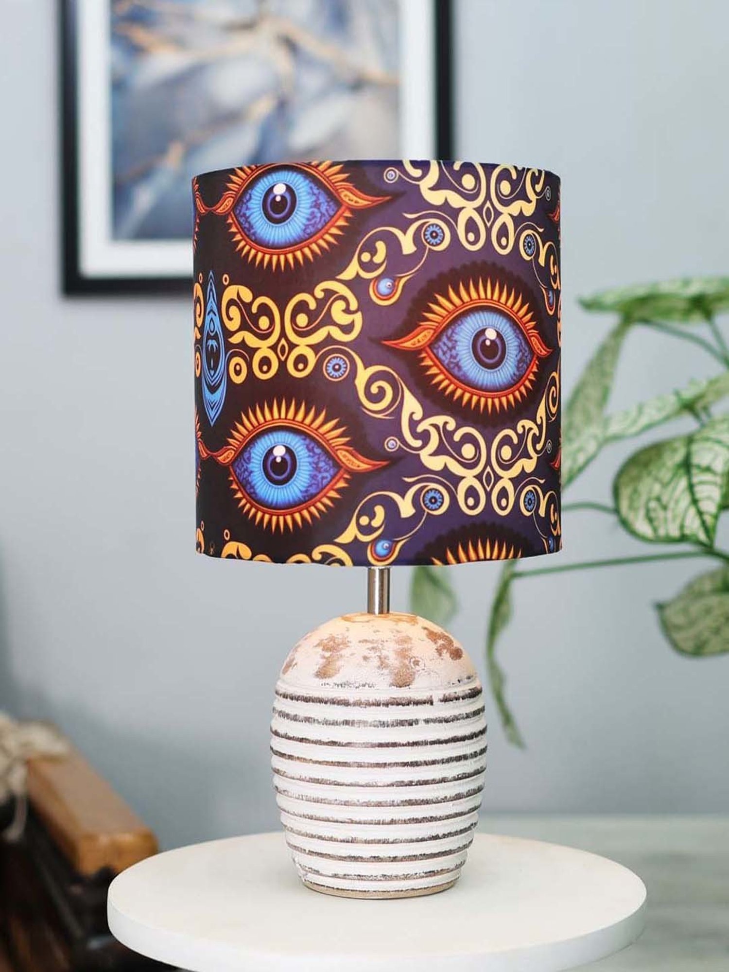 Homesake Beauty in Eye Multicolor Wood Ribbed Basket Table Lamp with Fabric Lampshade