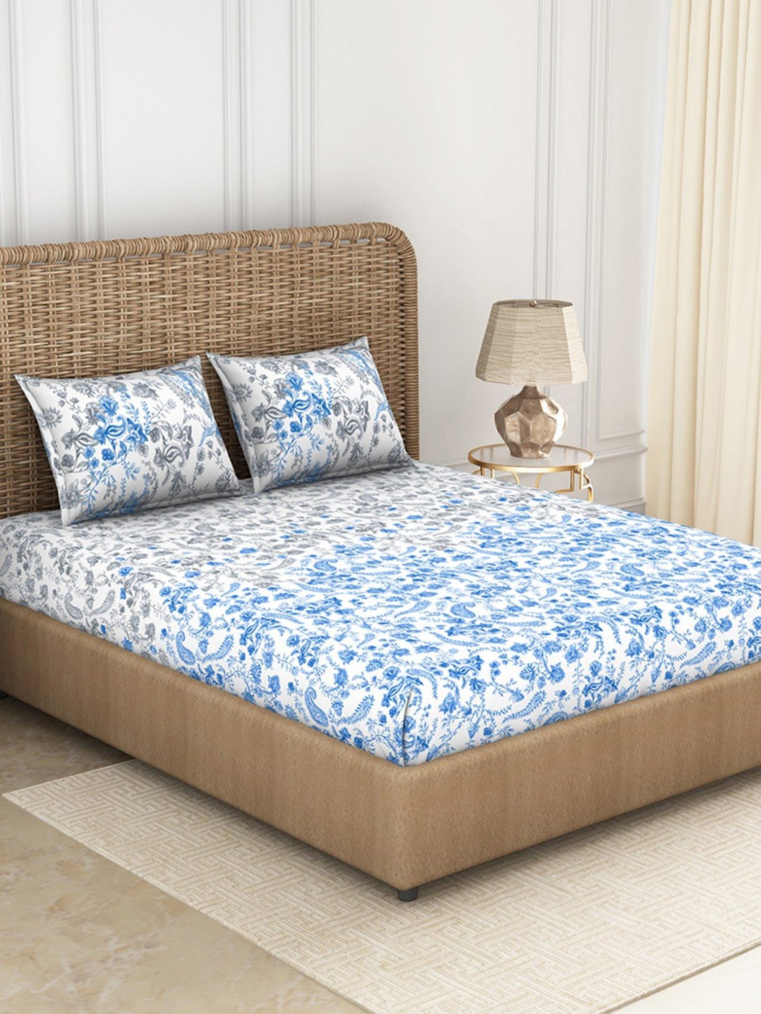 Spaces Printed Blue 144 TC Cotton Queen Fitted Sheet with 2 Pillow Covers