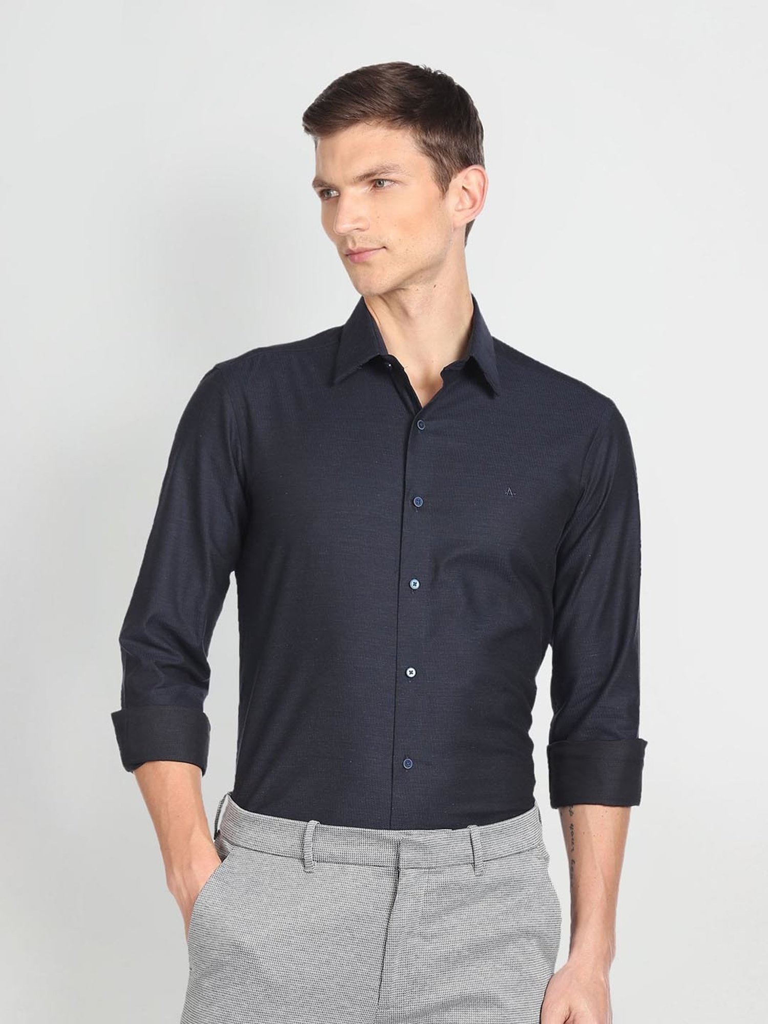 Arrow New York Blue Cotton Slim Fit Self Pattern Shirt