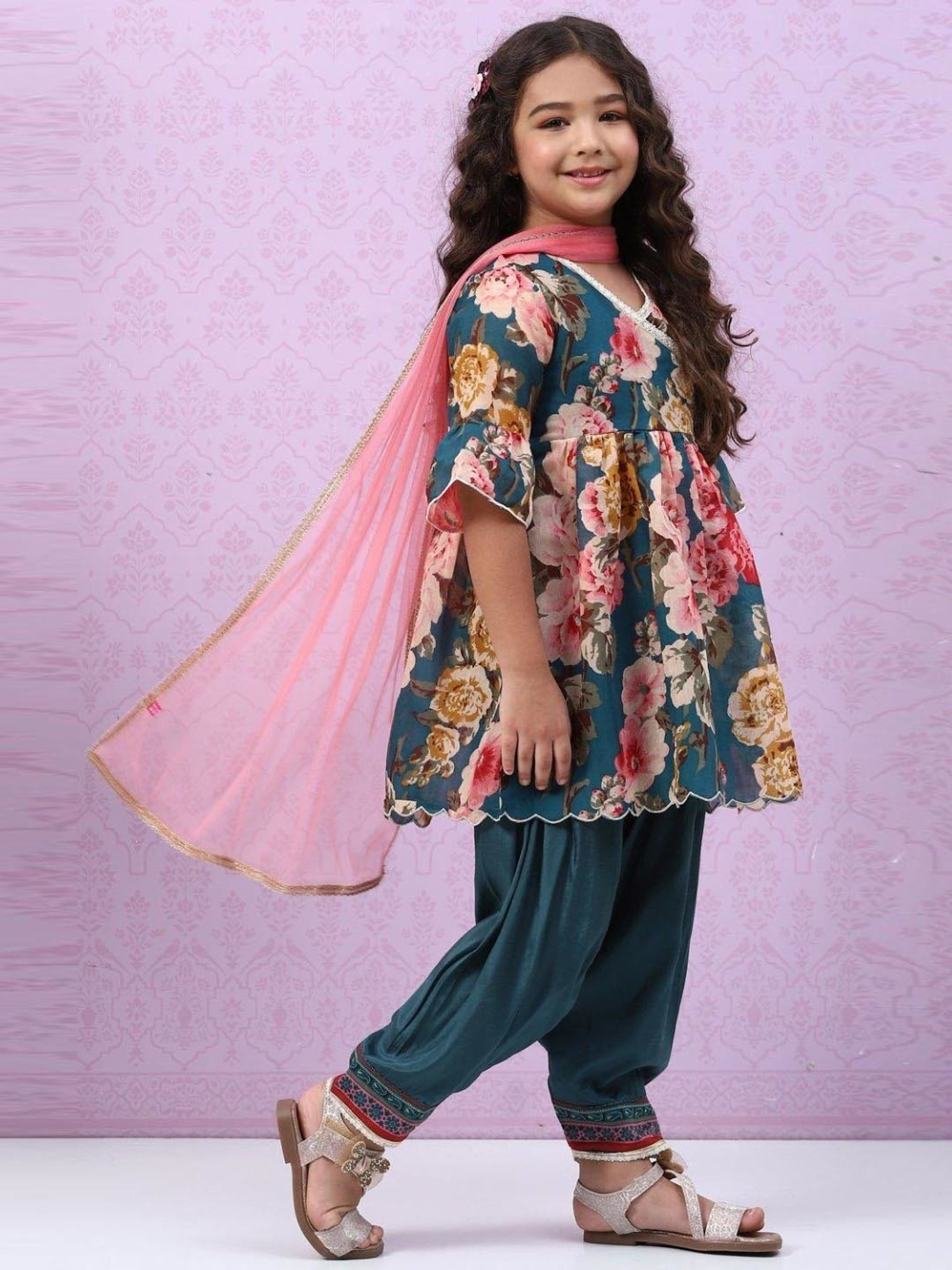 Biba Kids Teal Blue & Pink Floral Print Kurta Set
