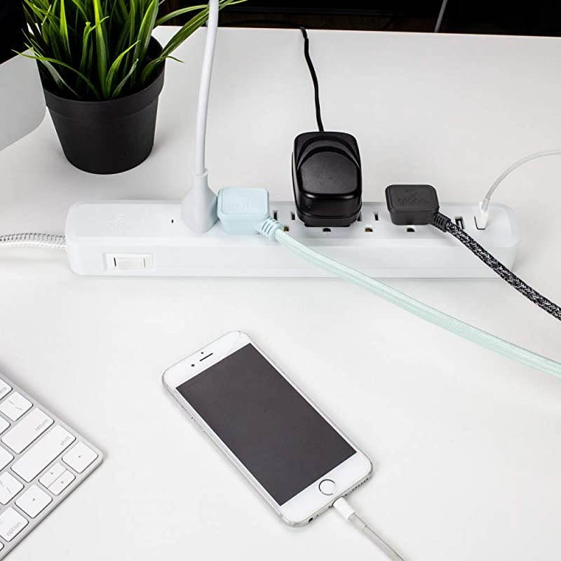 Designer Series 6ft 6-Outlet Power Strip, 2X USB Ports (5V/3.1A), Surge Protector, Right Angle Plug, Circuit Breaker Switch, White Finish, Silver Fabric Cord 78361, 2 Ft