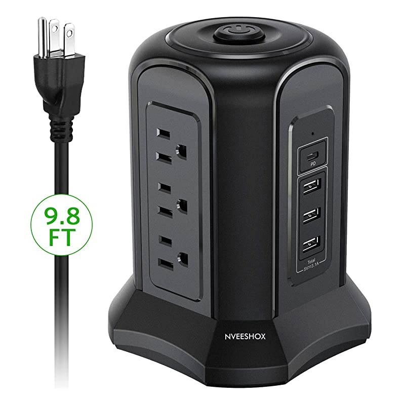 Protector Power Strip Tower 9 AC Outlet 3 USB Ports 1 USB C Ports with 10FT Extension Cord Power Strip Vertical Overload Protection, Multiple Outlets Electric Charging Station for Home Office
