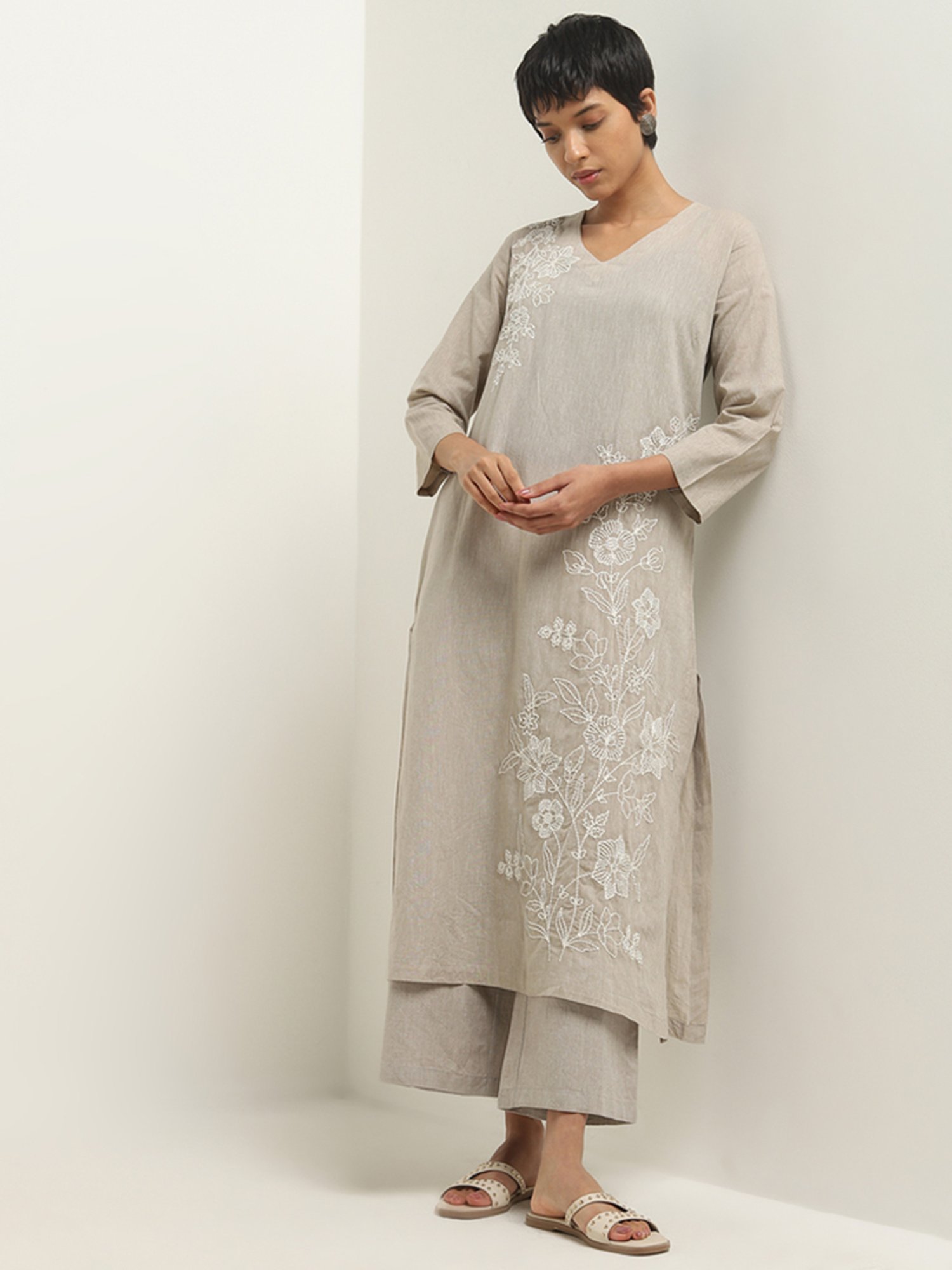 Utsa by Westside Beige High-Rise Straight Cotton Pants