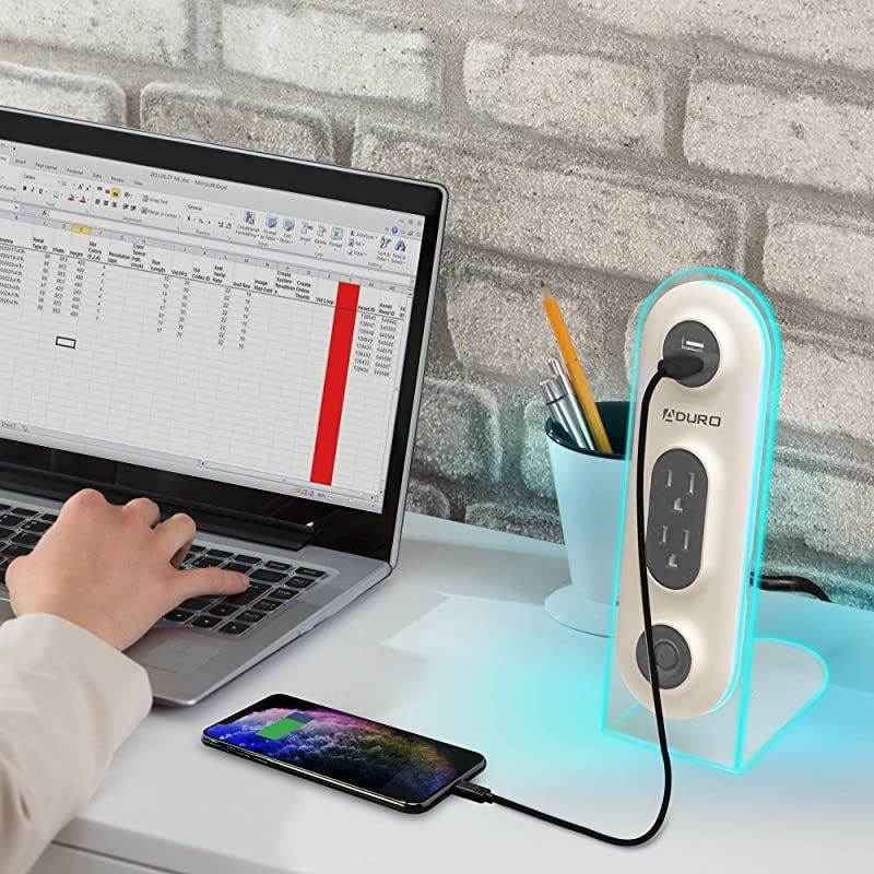 Dual USB 2 Outlet Power Strip Charging Desktop Stand Hub Extension for Phone, Laptop, with Surge Protection, Power Button, 4ft Cord - White/Black
