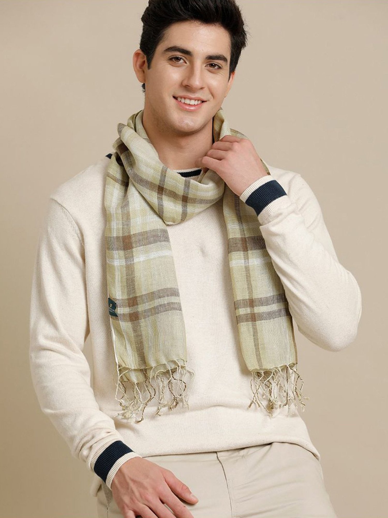 Linen Club Brown Checks Pure Linen Stole