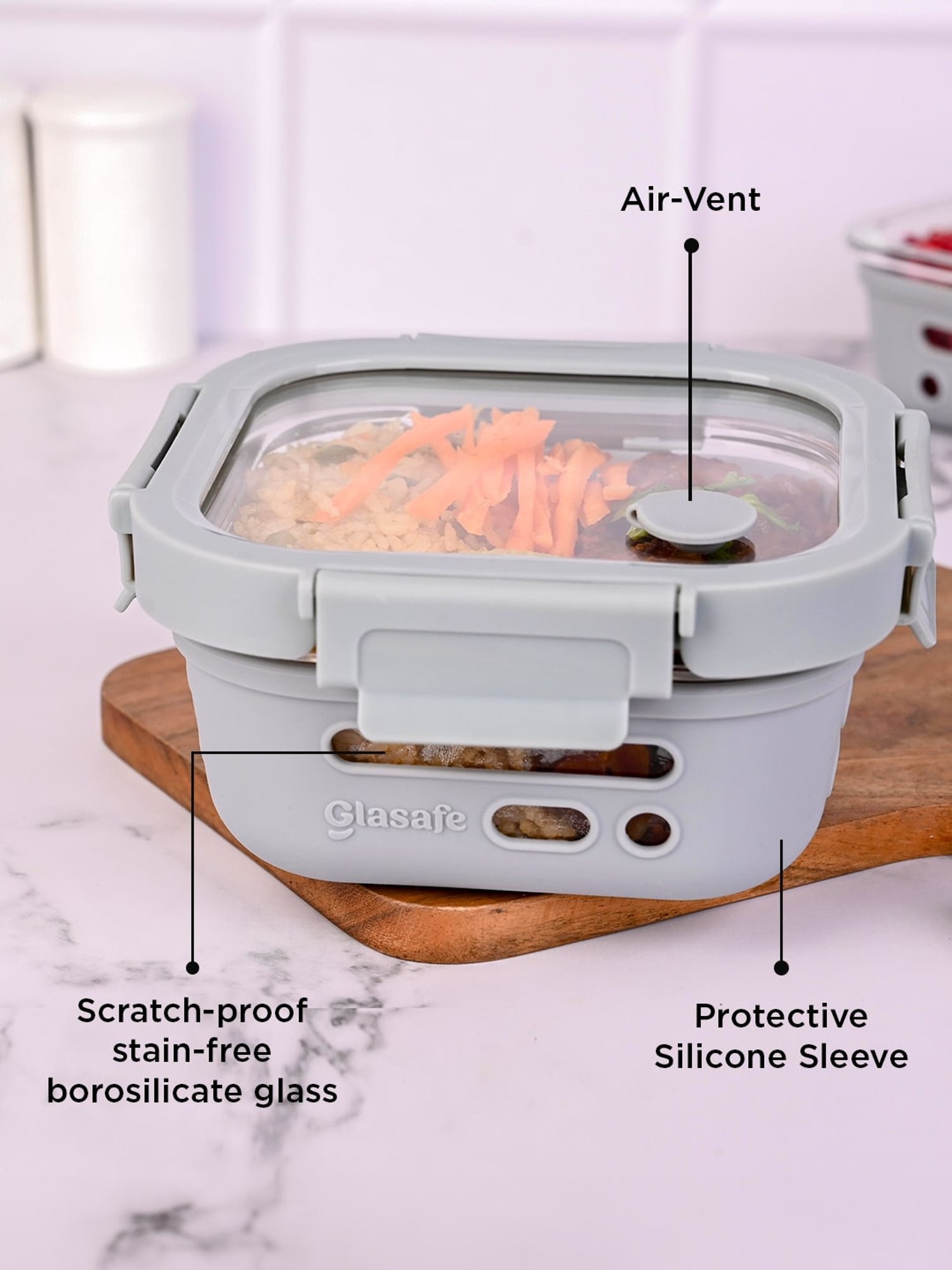 Glasafe Trio Grip Slate Grey Borosilicate Tiffin Combo