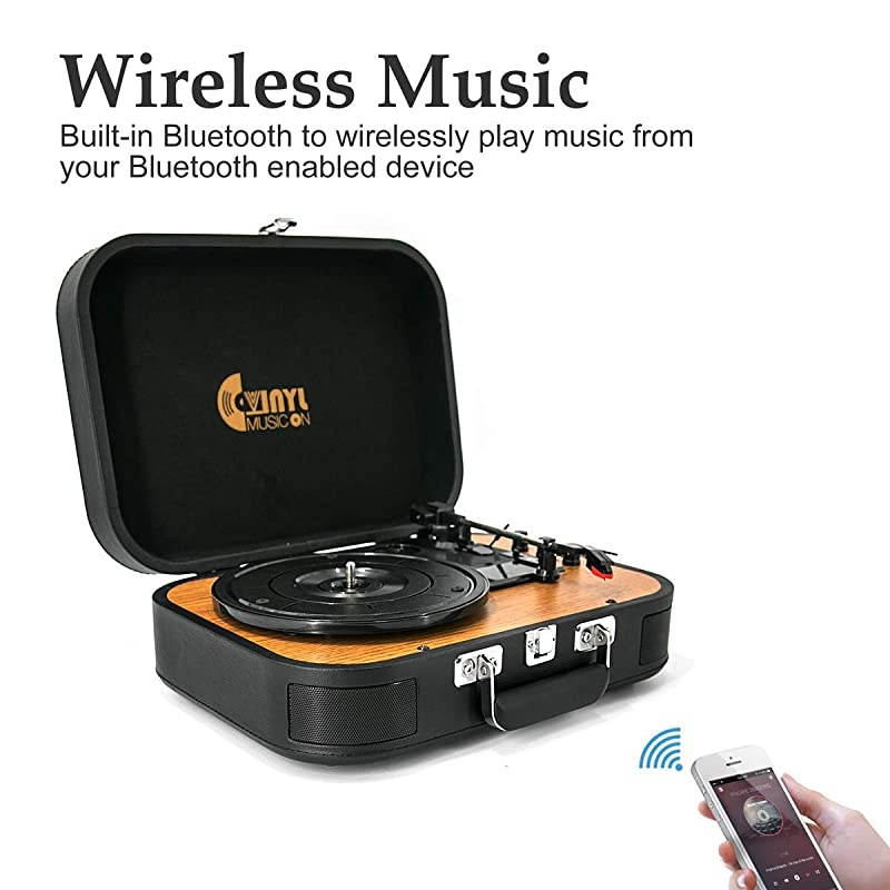 Bluetooth Record Player with Stereo Speakers3 Speed Briefcase Turntable with PlayampEncoding Pitch Control and RCA OutputampAux InputBlack