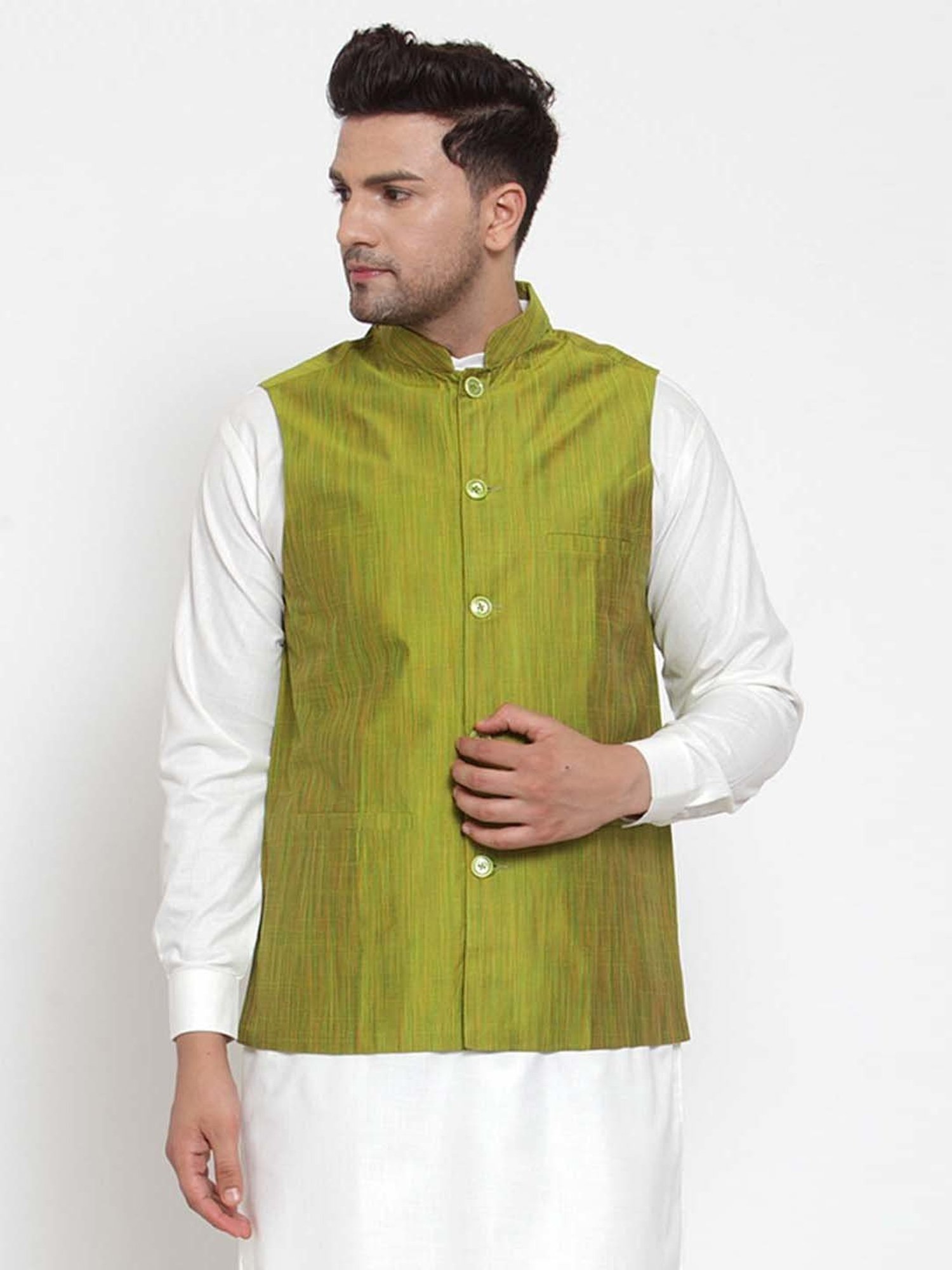 Jompers Green Cotton Regular Fit Texture Nehru Jacket