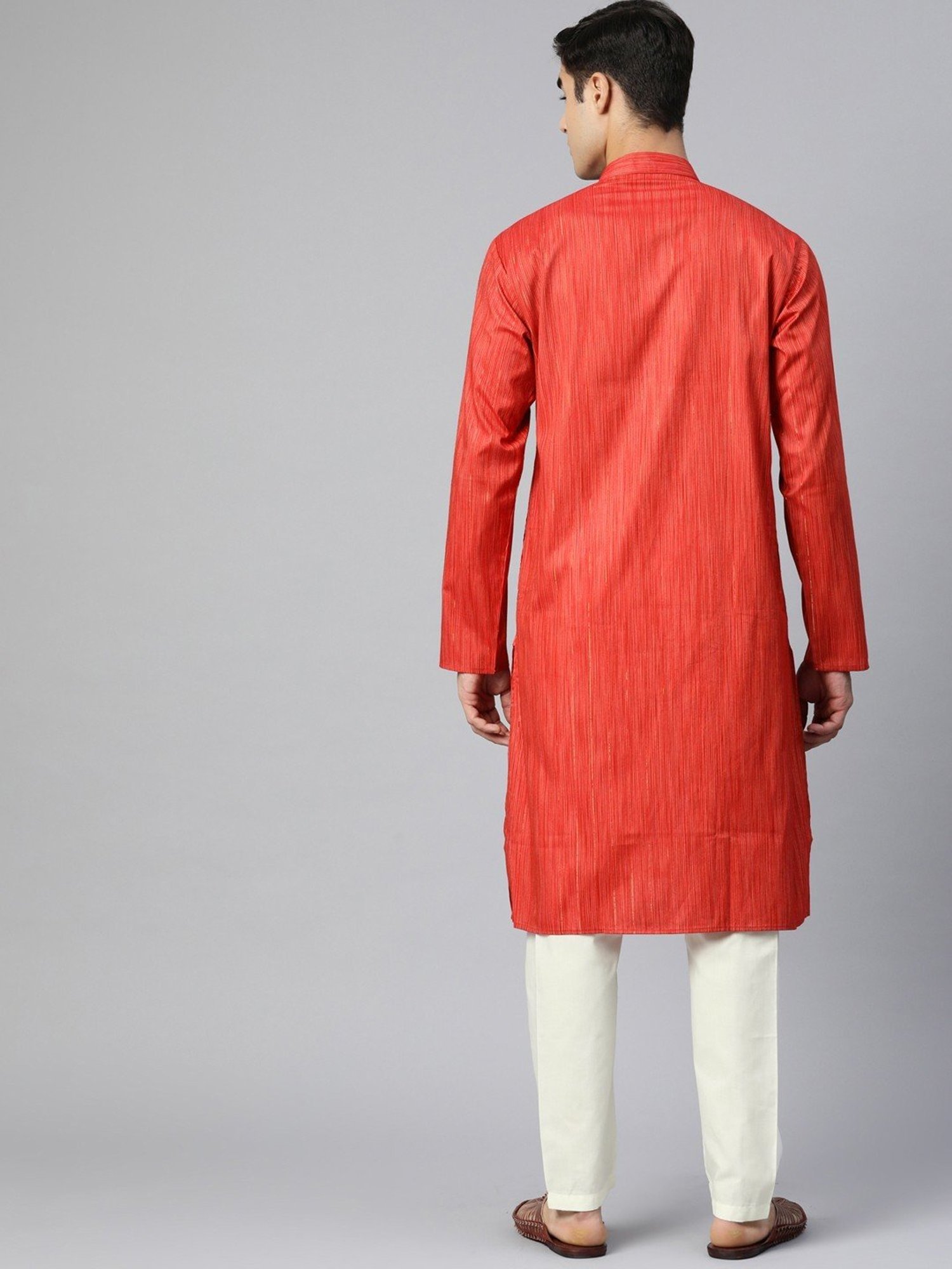 ManQ Red & White Pure Cotton Regular Fit Striped Kurta Bottom Set