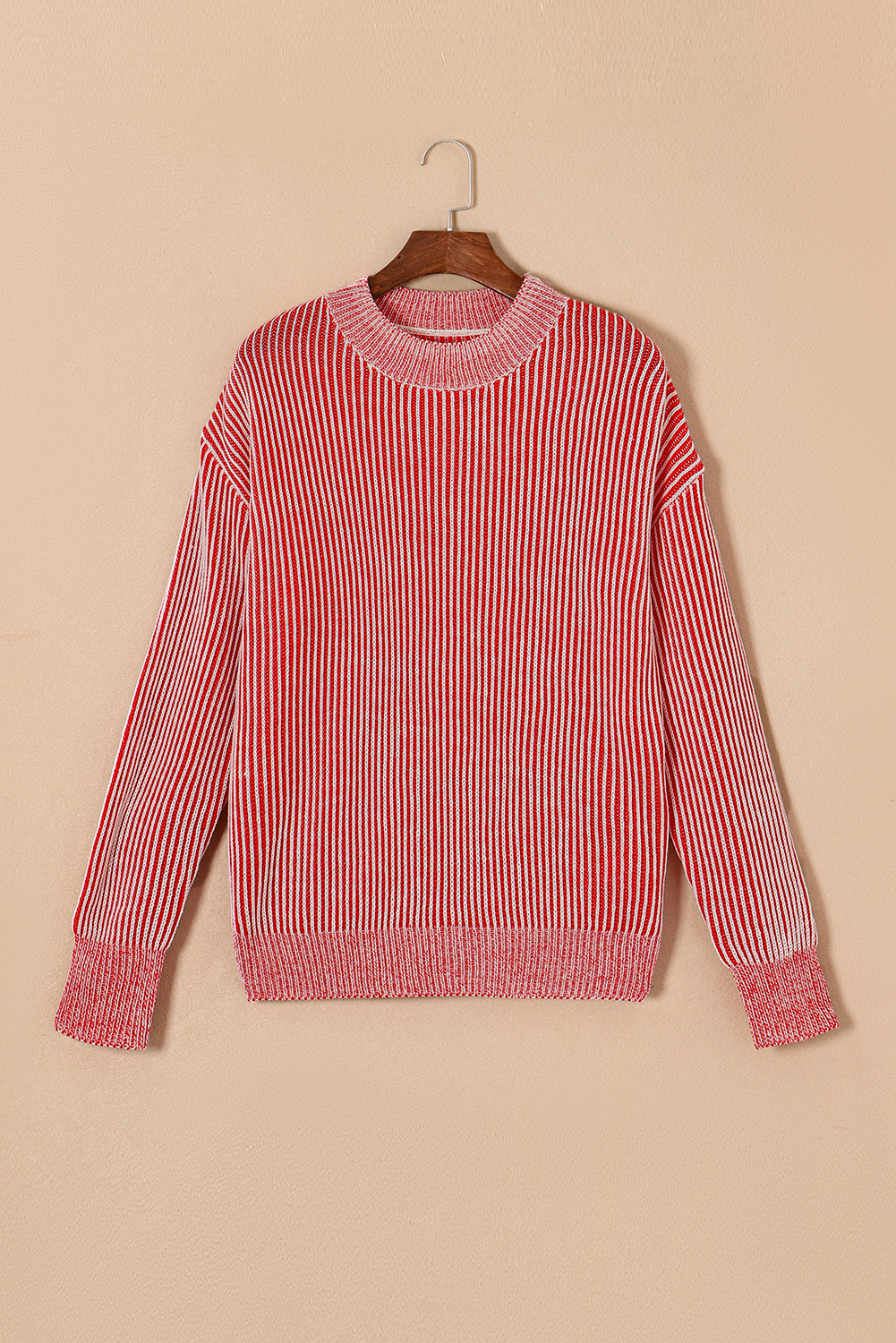 Red Casual Stripe Print Round Neck Sweater