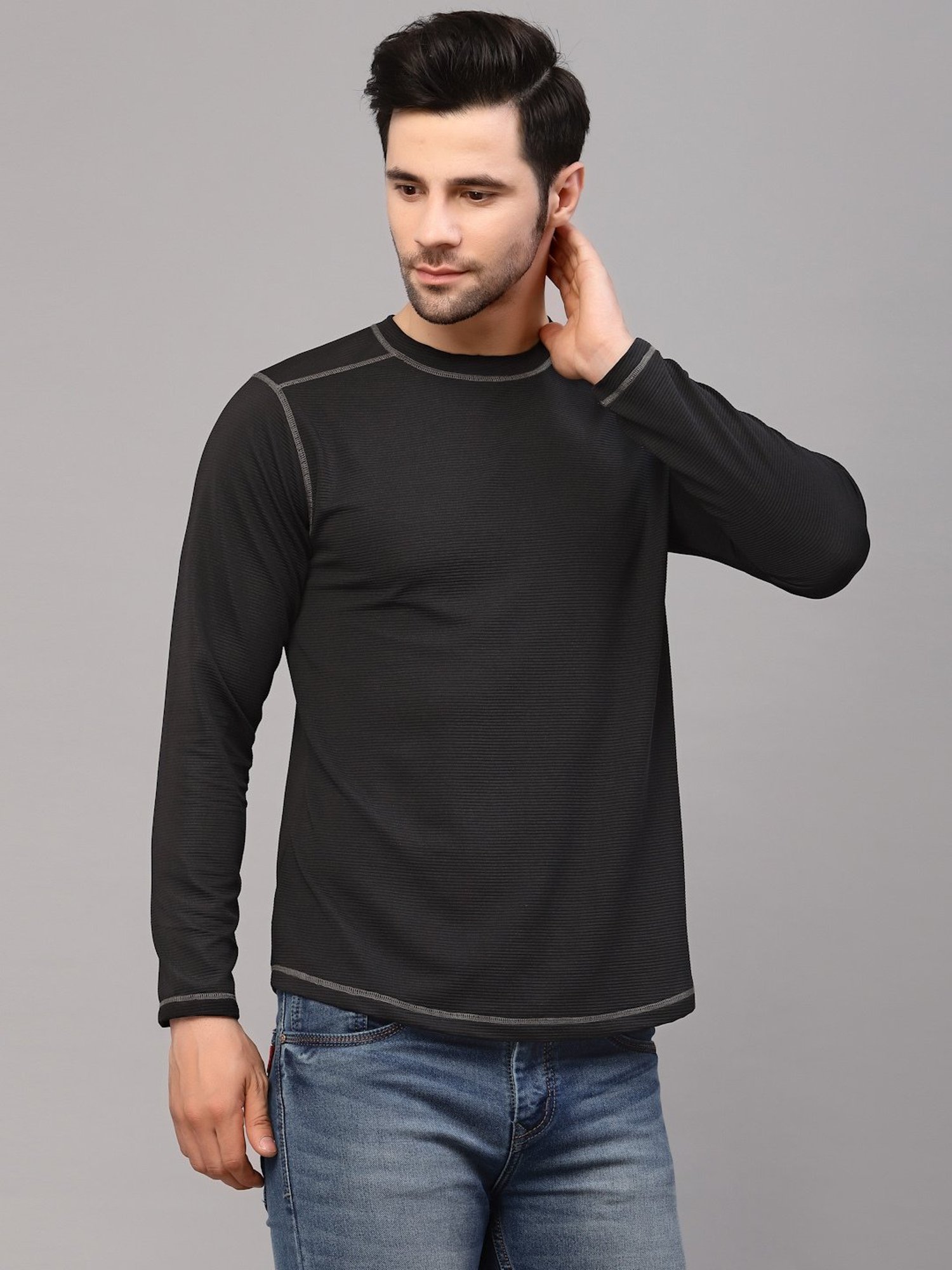 Rigo Black Slim Fit Self Design Crew T-Shirt