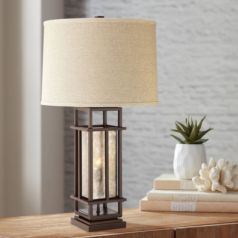 Franklin Iron Works Rustic Farmhouse Table Lamp with Nightlight LED Caged Brown Oatmeal Fabric Drum Shade for Living Room Bedroom
