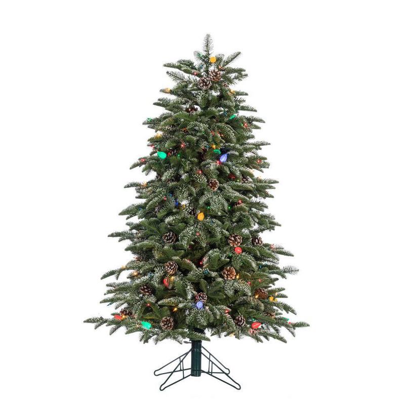 4ft Sterling Tree Company Natural Cut Pre-Lit LED Flocked Smoky Mountain Pine Tree with Pine Cone Accents Artificial Christmas Tree