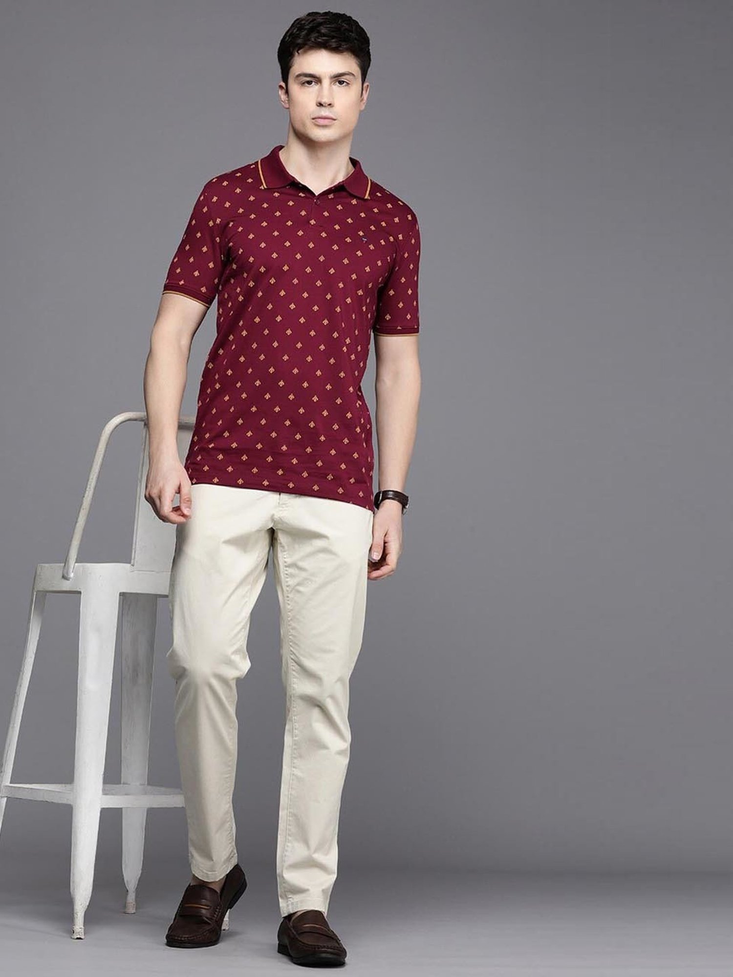 Louis Philippe Sport Maroon Cotton Slim Fit Printed Polo T-Shirt