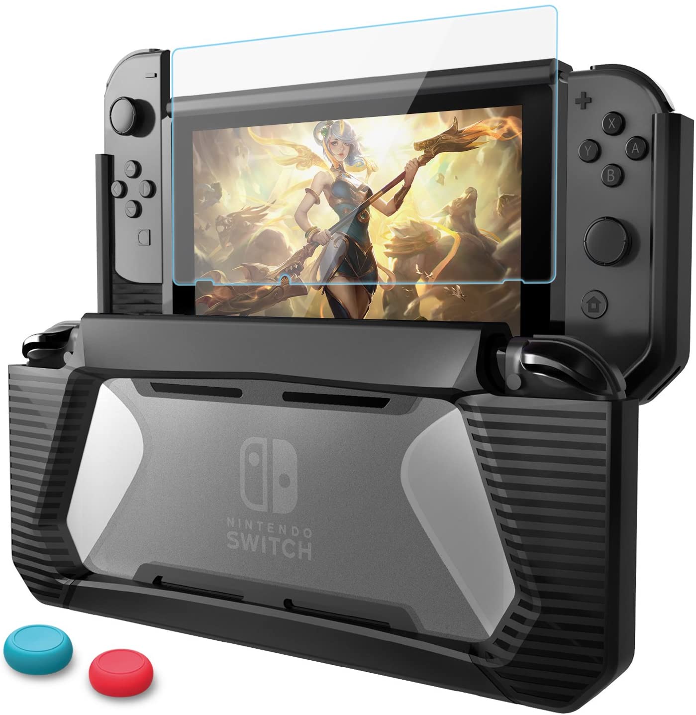 Compatible with Nintendo Switch Case with Screen Protector,AISITIN TPU Protective Heavy Duty Cover Case for Nintendo Switch with Shock-Absorption and Anti-Scratch (Black)