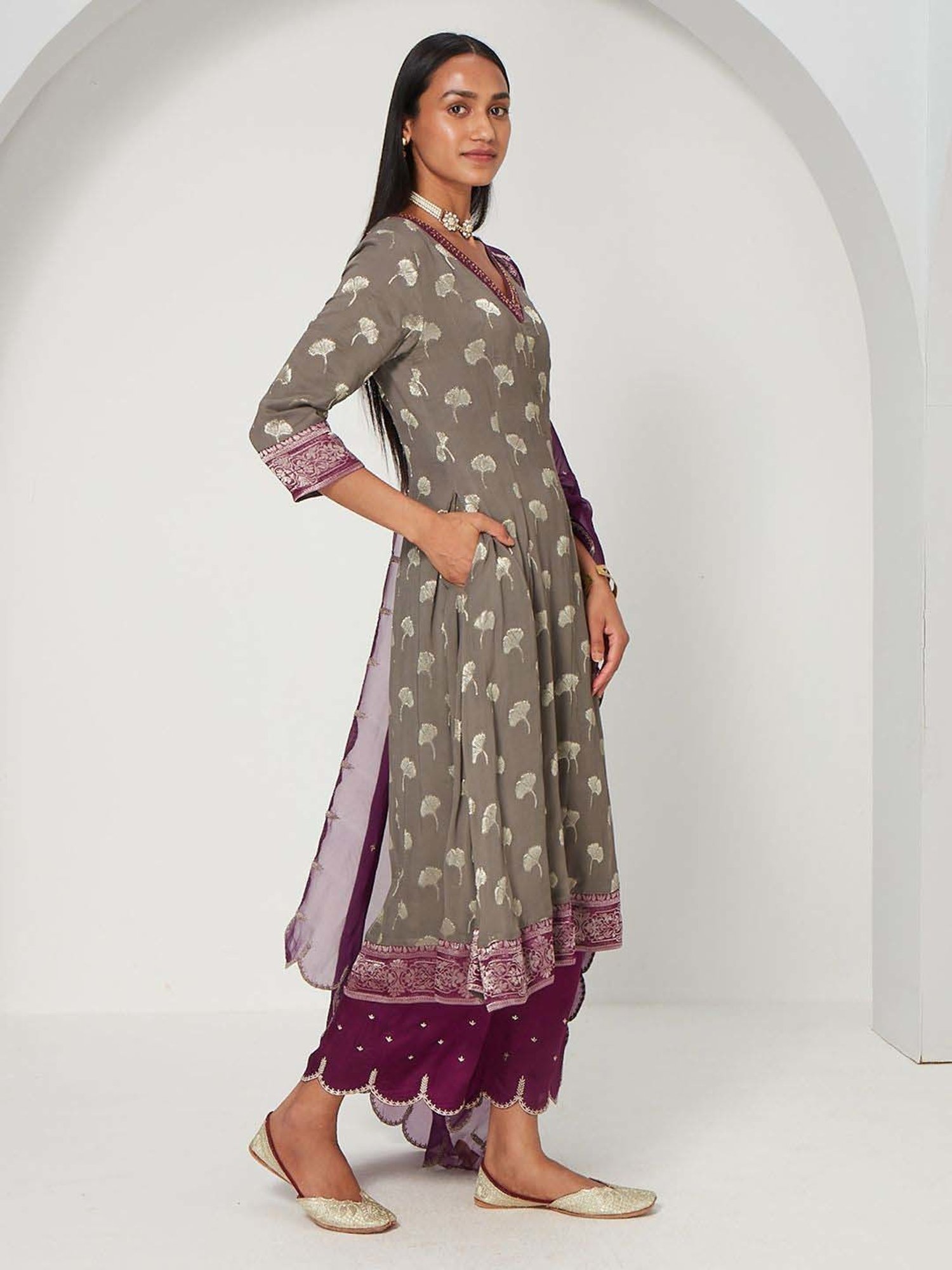 Ancestry Ash Grey Woven Pattern Anarkali Kurta