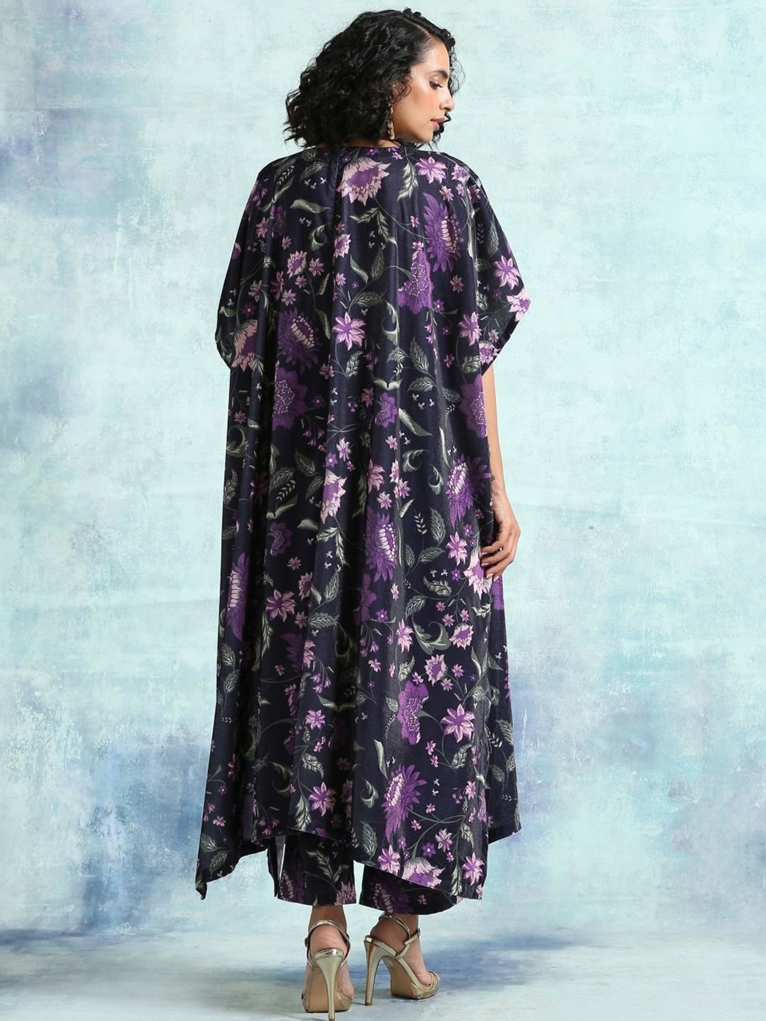 true Browns Black Printed A Line Velvet Kaftan Kurta