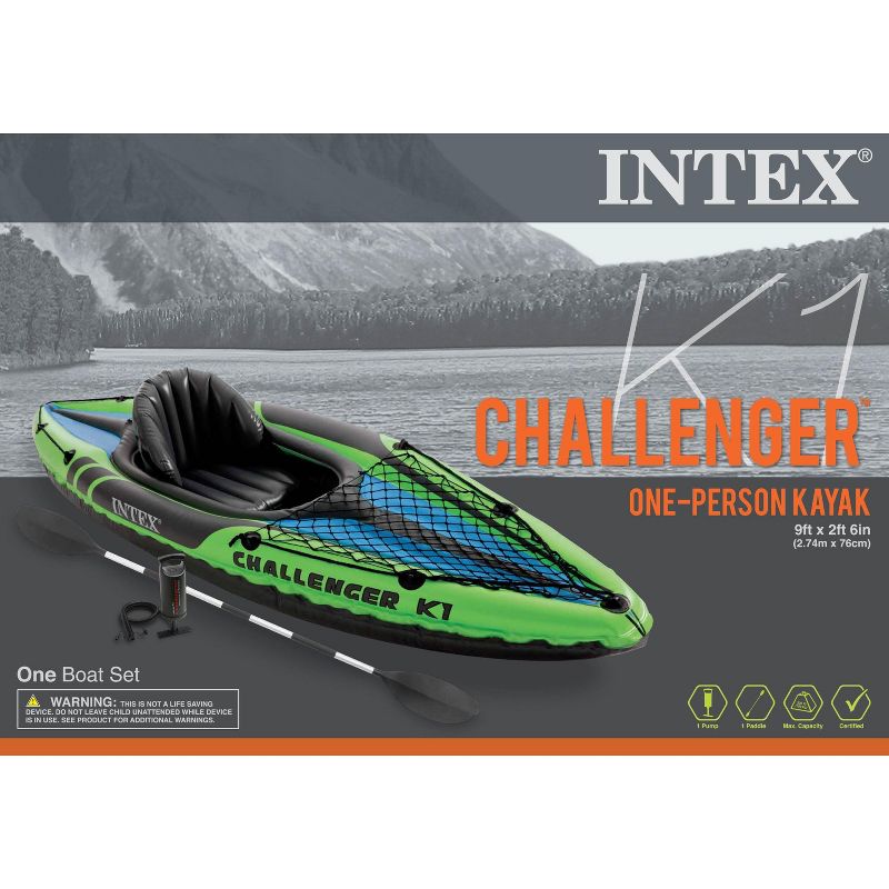 Intex Challenger K1 Inflatable Single Person Kayak Set and Accessory Kit with Aluminum Oar and High Output Air Pump built for Lakes, Rivers, & Fishing