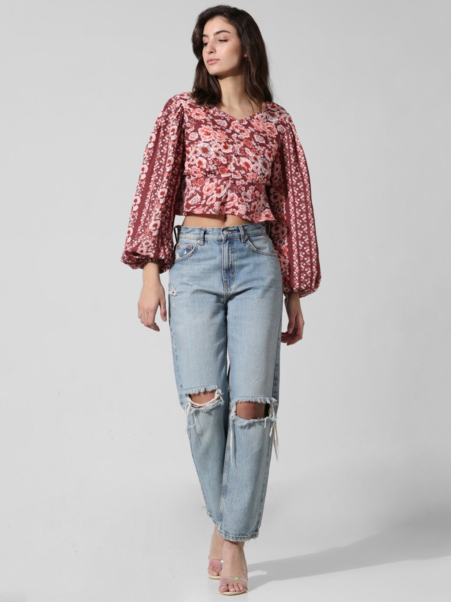 Only Maroon Cotton Floral Print Peplum Top