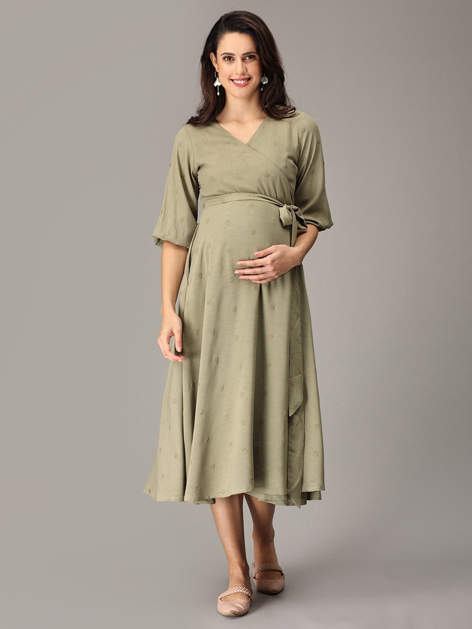 The Mom Store Olive Self Design Wrap Maternity Dress