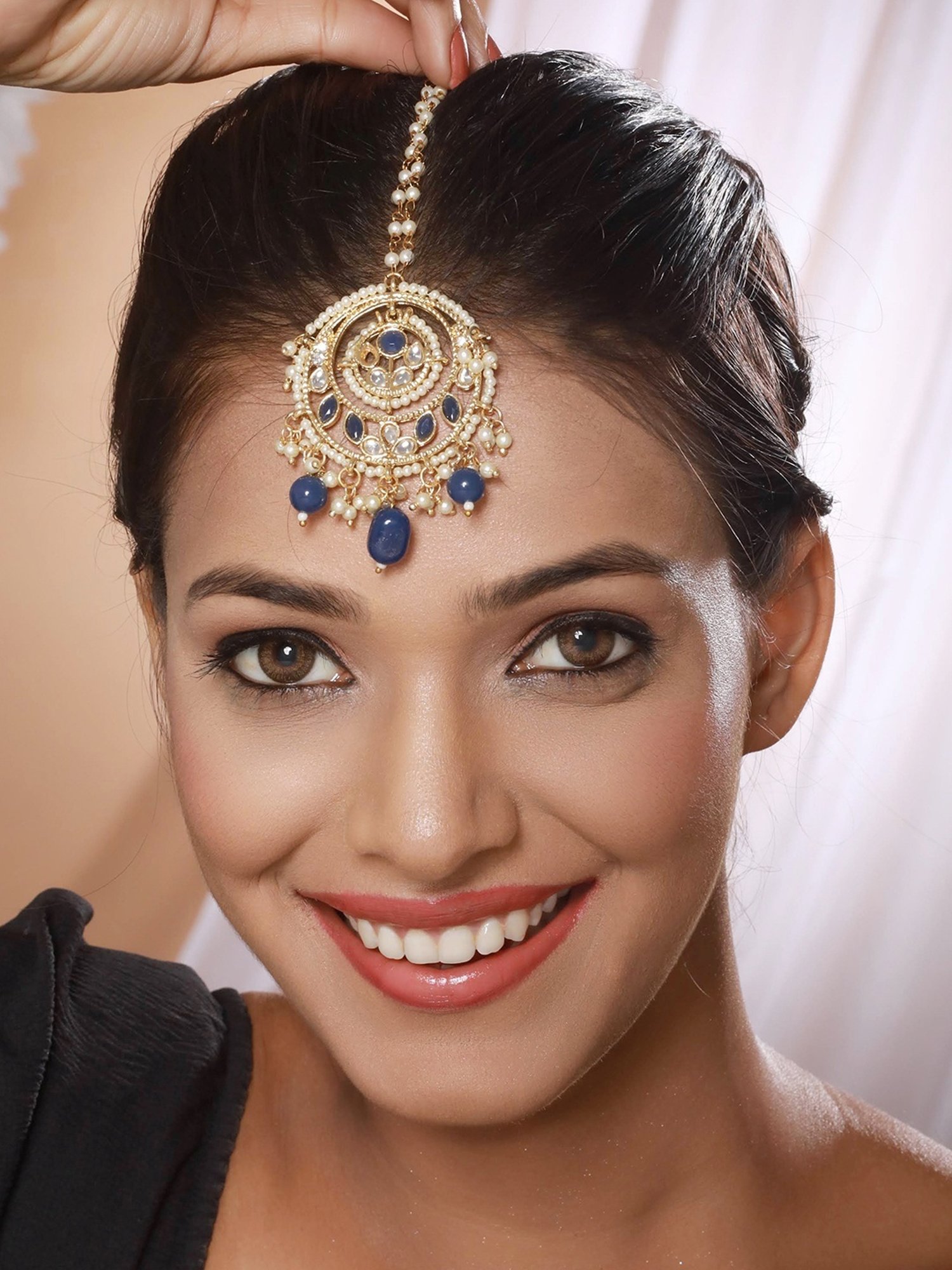 Aatmana Kundan-Studded & Pearl Beaded Blue Maang Tikka for Women & Girls