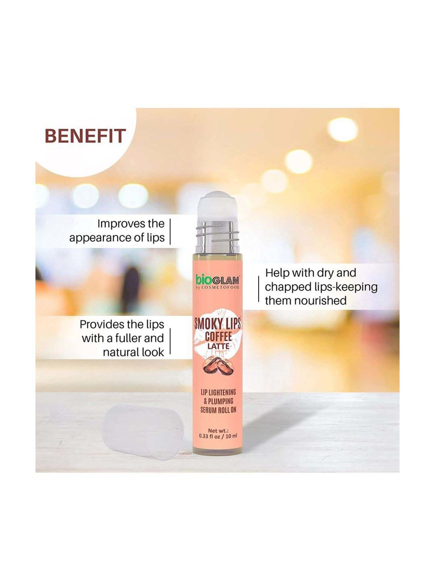Cosmetofood Bioglam Smoky Lips Coffee latte Lighten and Plump Serum Roll-On For Plump Lips - 10 ml