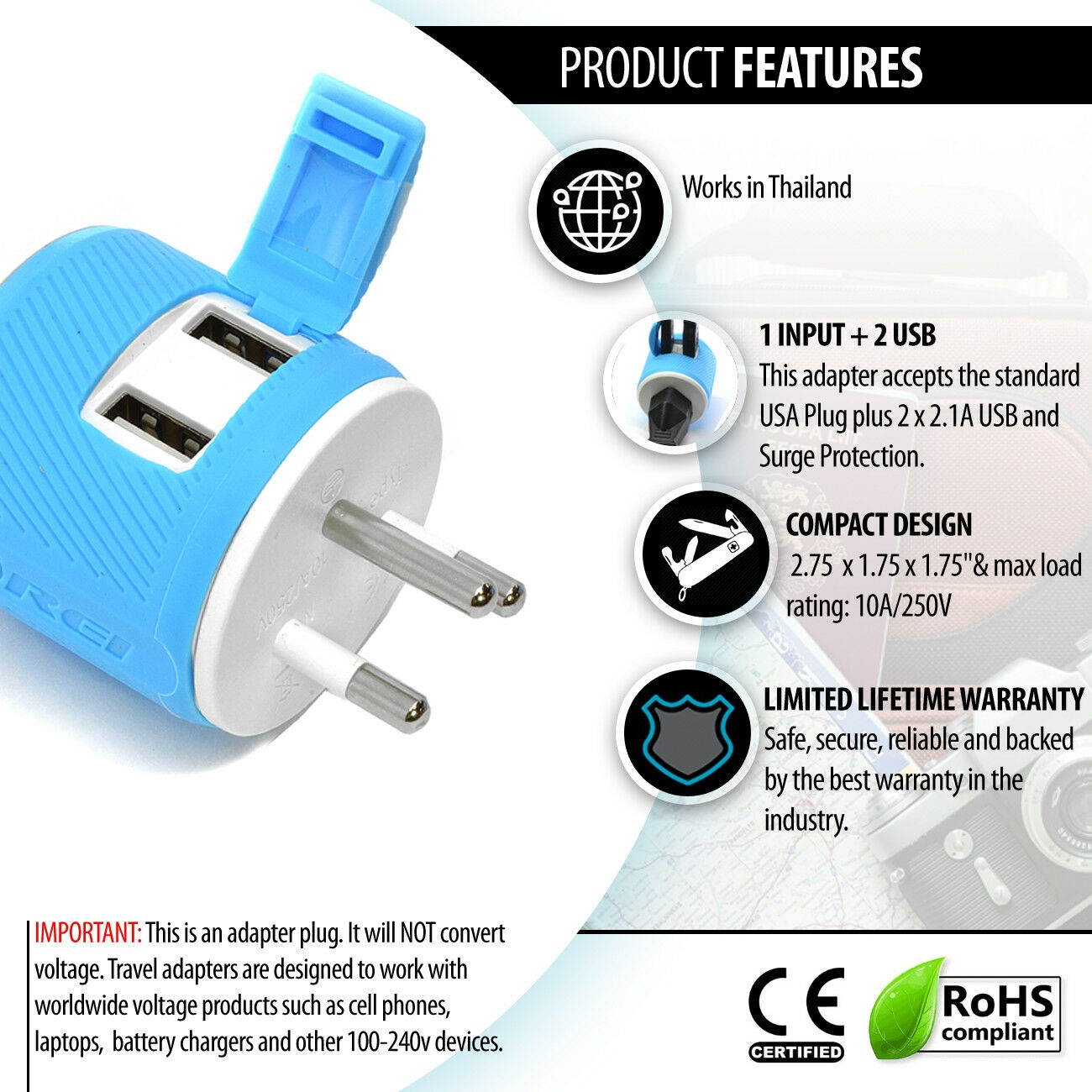 Thailand Travel Plug Adapter by OREI with Dual USB - USA Input + Surge Protection - Type O (U2U-18), Will Work with Cell Phones, Camera, Laptop, Tablets, iPad, iPhone and More