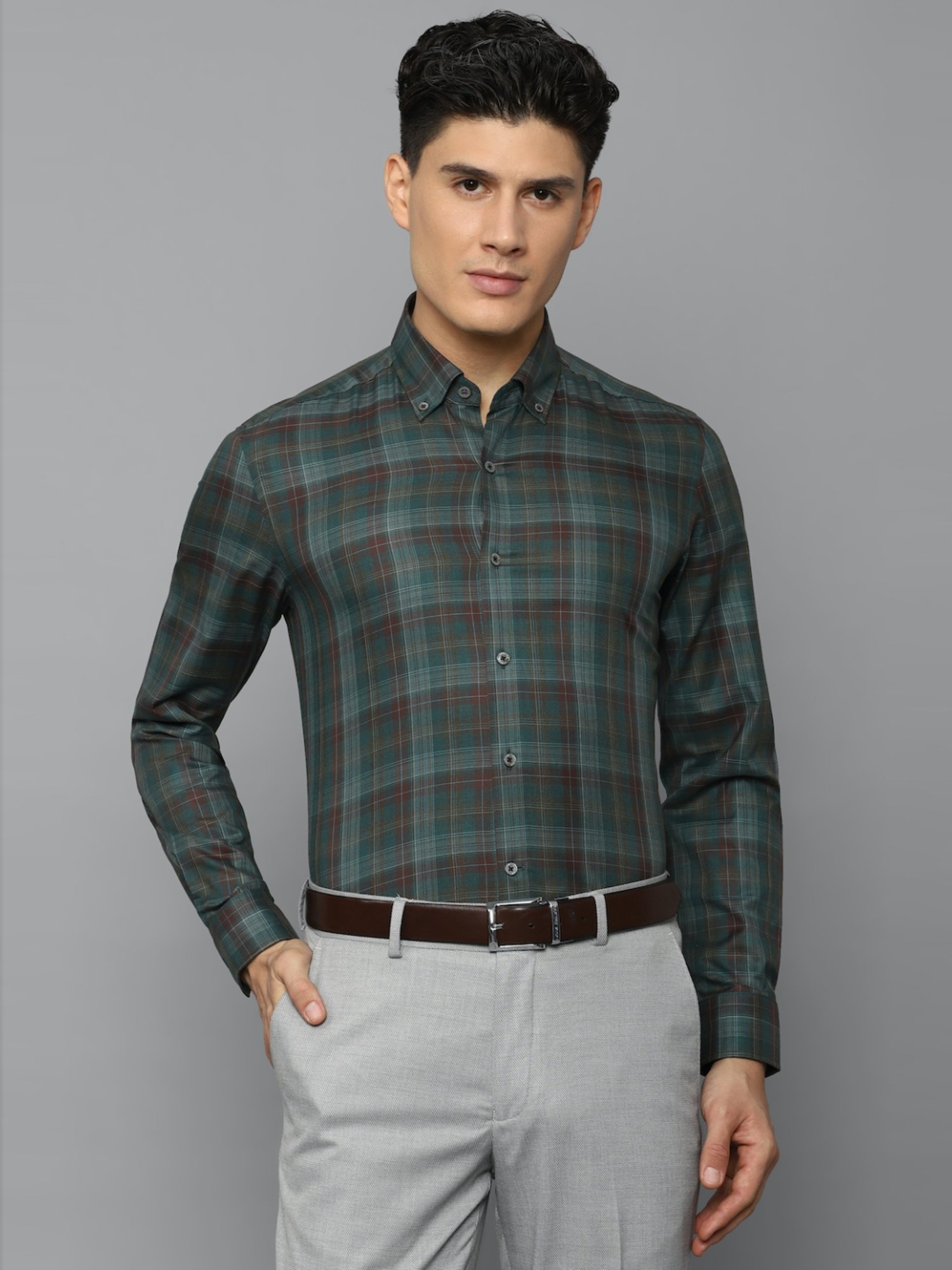 Luxure By Louis Philippe Green Cotton Slim Fit Checks Shirt