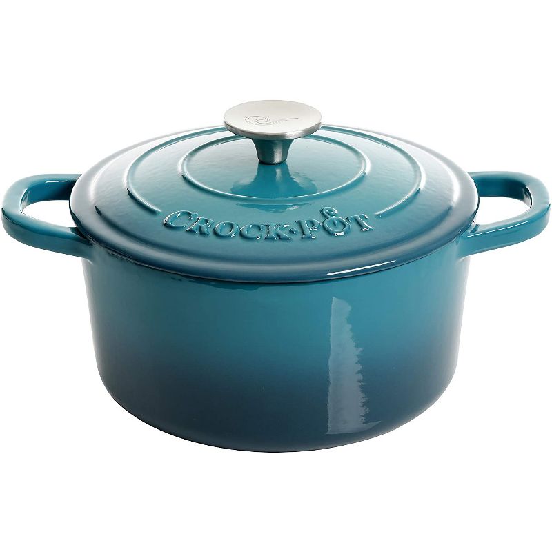 Crock-Pot 3 Quart Capacity Round Enamel Cast Iron Covered Dutch Oven Kitchen Cookware with Matching Self Basting Lid, Teal Ombre