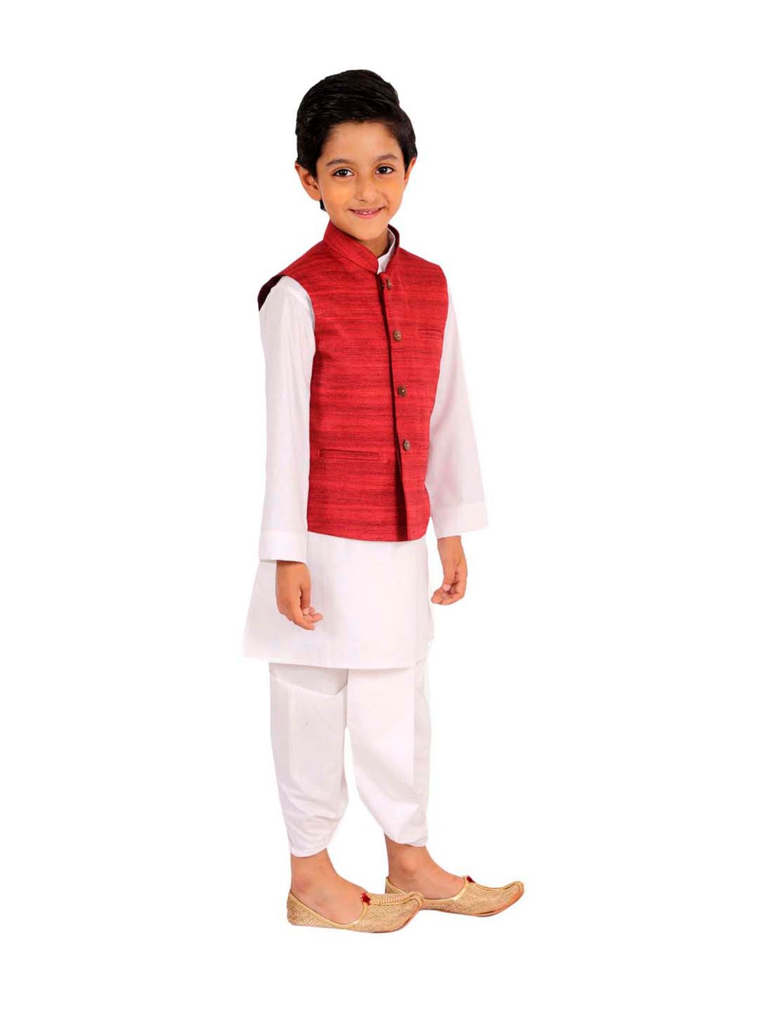 VASTRAMAY Kids Maroon & White Cotton Textured Kurta Set