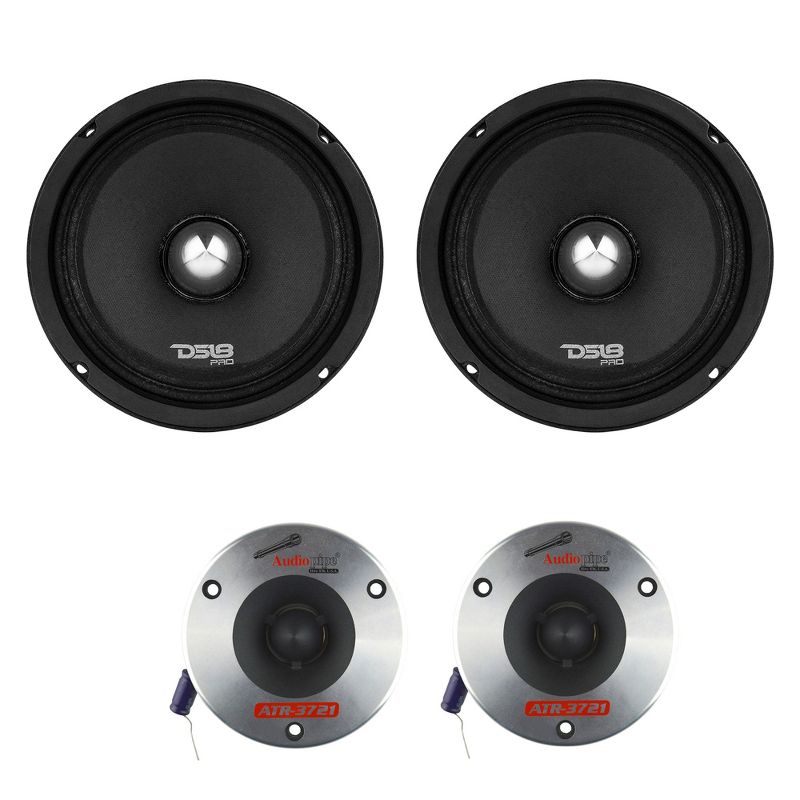 DS18 6.5 In 500W MAX 4 Ohm Car Stereo Neodymium Full Range Loudspeaker (2 Pack) & Audiopipe ATR-3721 3.75 Inch 350 Watt Titanium Bullet Tweeter, Pair