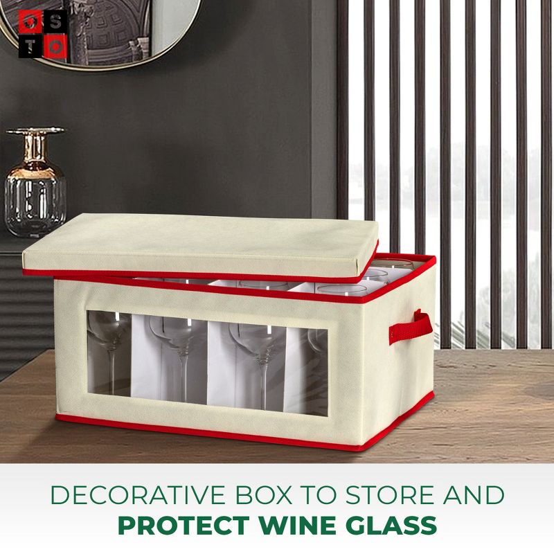 OSTO Holiday Wine Glass Storage Box for 12 Red or White Wine Glasses with Lid, Box for Glasses Has Cardboard Insert, Clear Window Color Ivory and Red