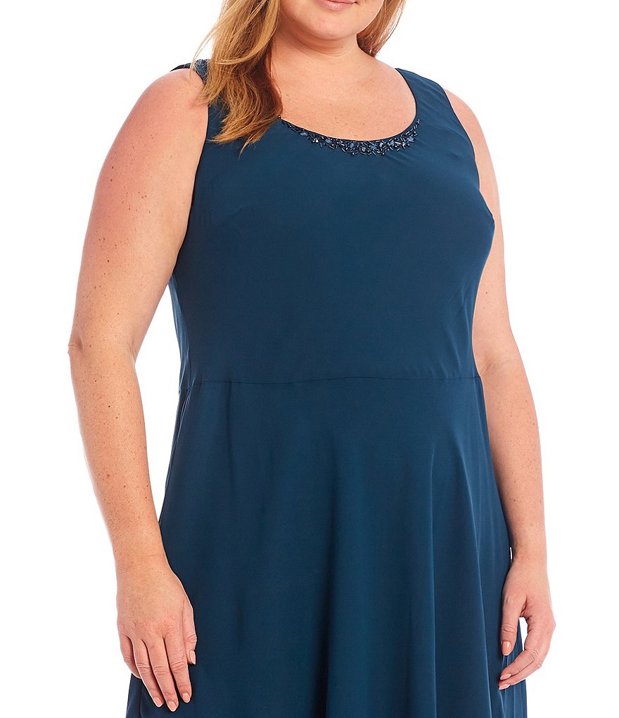 Ignite Evenings Plus Size Scoop Neck Long Sleeve Sequined Shoulder Midi Length Tiered Hem Jacket Dress