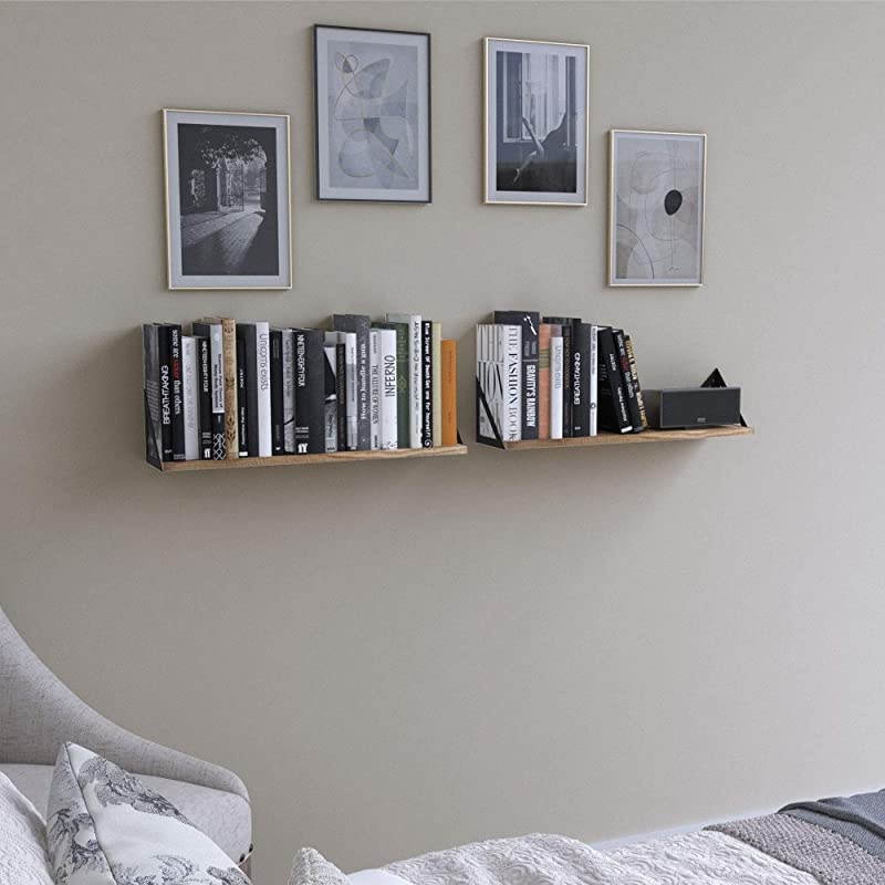 Minori Floating Shelves Set of 2 Small Bookshelf Unit for Bedroom Office and Living Room Natural Burned Rustic Wood Wall Decor with Metal Floating Shelf Bracket