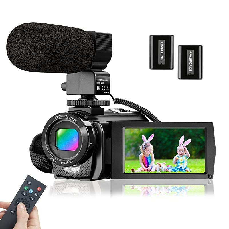 Video Camera Camcorder with Microphone,  FHD 1080P 30FPS 24MP Vlogging Camera Recorder 3.0 Inch 270&deg; Rotation Screen 16X Zoom Camcorder Webcam Recorder with Remote Control and 2 Batteries