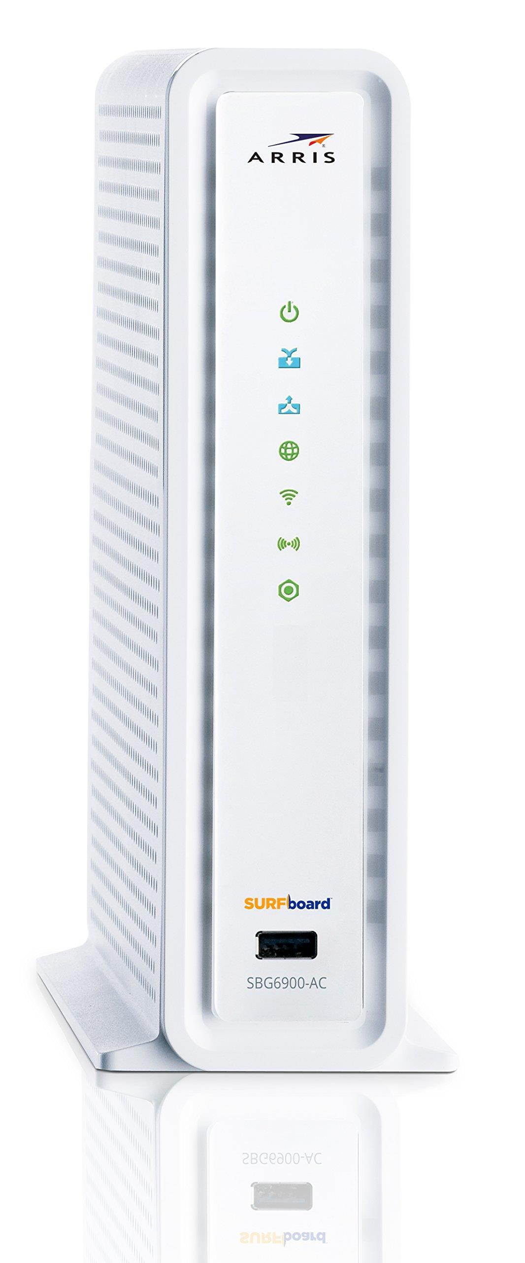 ARRIS SURFboard SBG6900-AC IEEE 802.11ac Cable Modem/Wireless Router - 2.40 GHz ISM Band - 5 GHz UNII Band - 1900 Mbit/s Wireless Speed - 4 x Network Port - USB - Gigabit Ethernet - Desktop