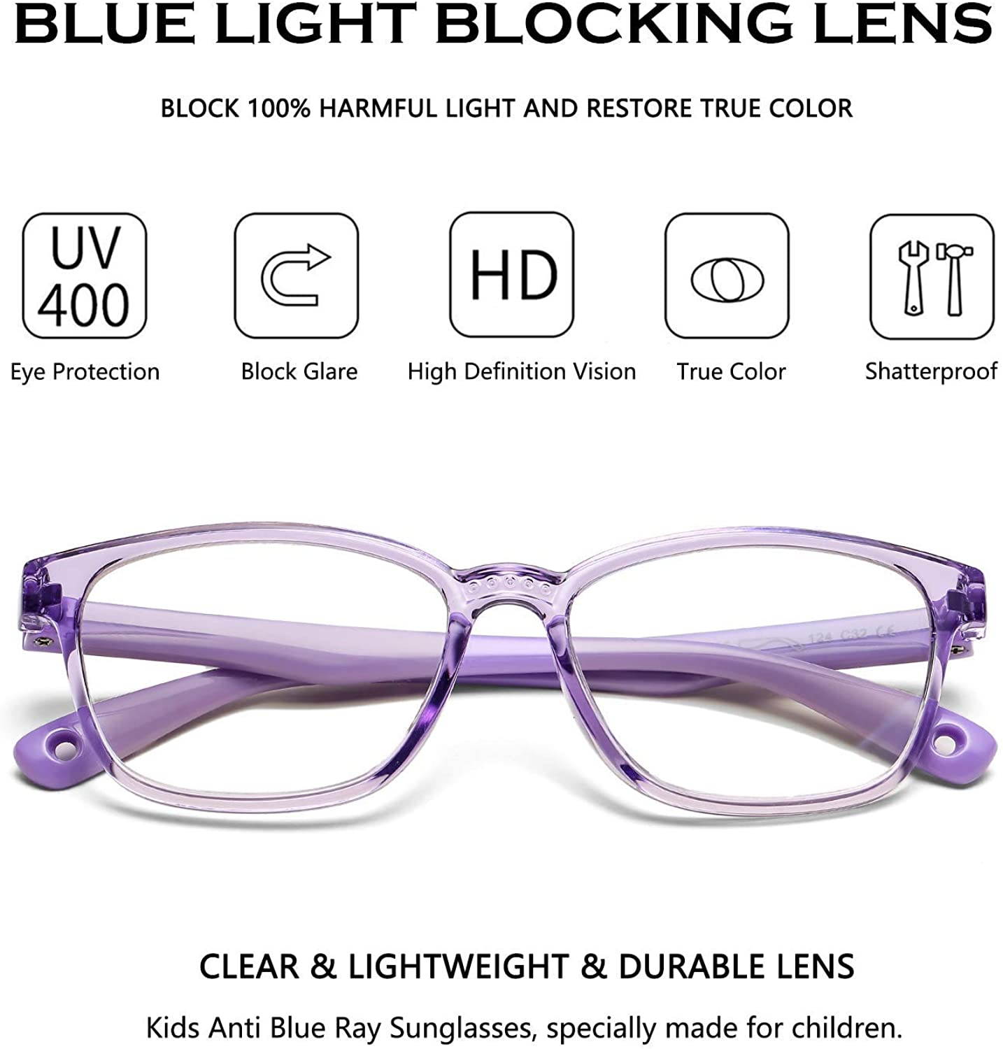 Kids Blue Light Blocking Glasses Square Nerd Soft Eyeglasses Frame, UV400 Protection