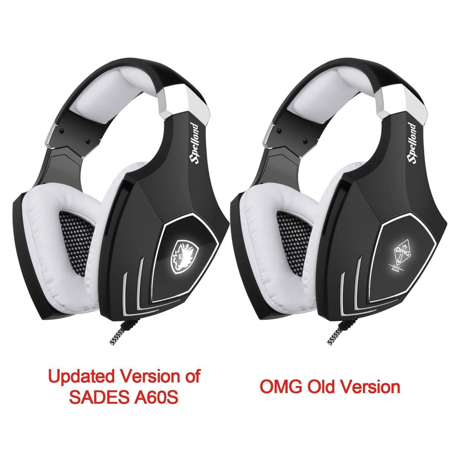 SADES A60S/OMG PC Wired USB Stereo Gaming Headset Headband Over Ear Headphones with Microphone Noise Isolating Volume Control LED Light (Black+White)