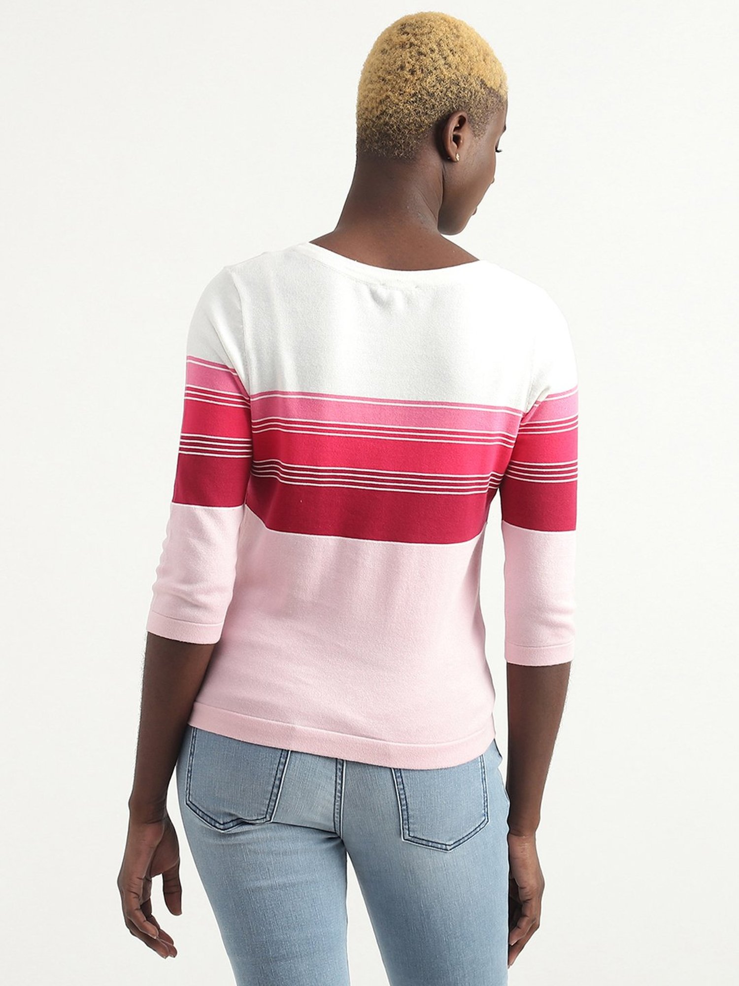 United Colors of Benetton White & Pink Cotton Striped Top