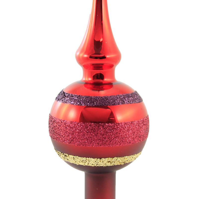 Inge Glas 11.5" Block Stripes Dark Red Finial Tree Topper Christmas  -  Tree Toppers