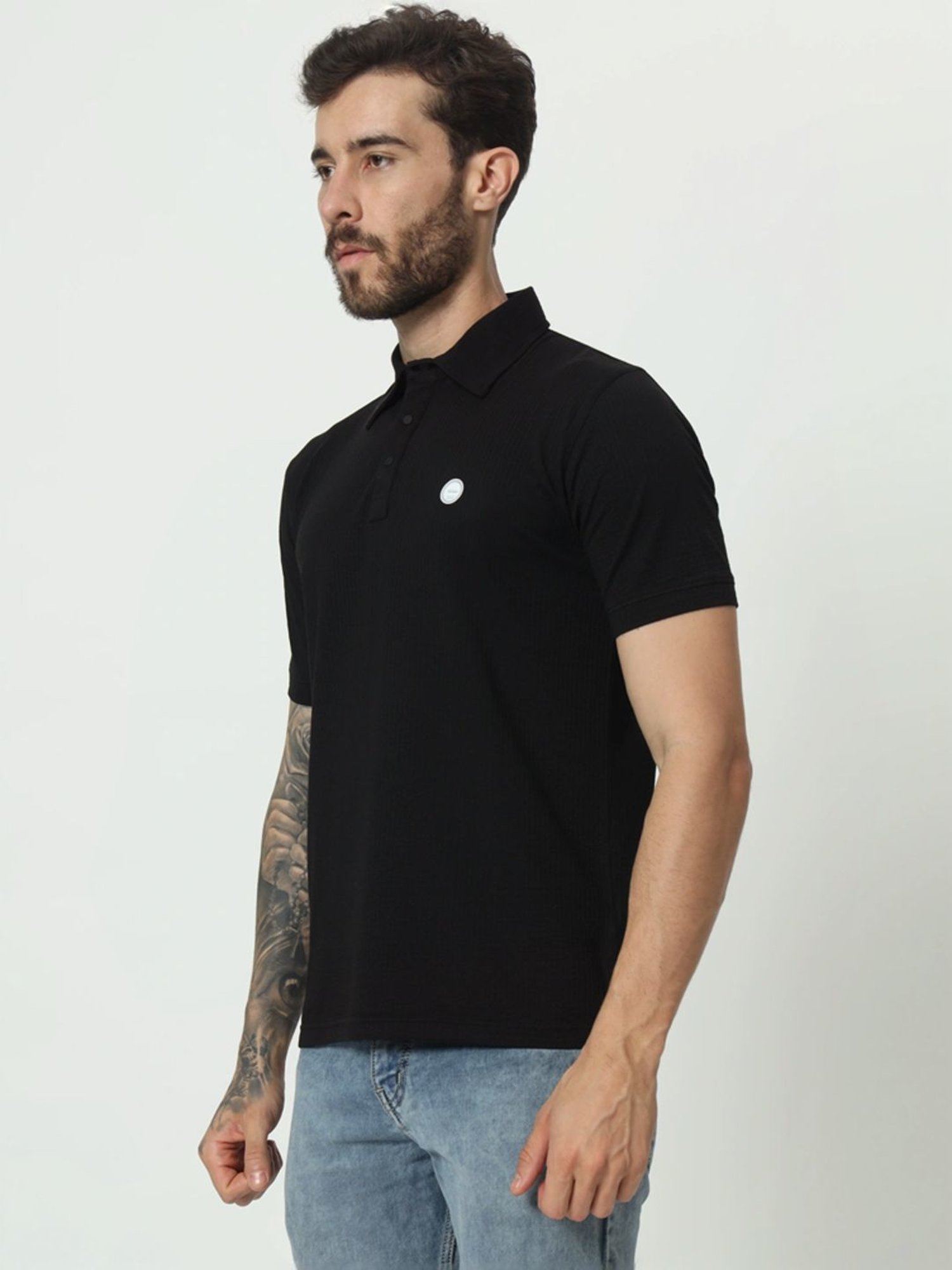 Tab91 Black Regular Fit Self Pattern Polo T-Shirts