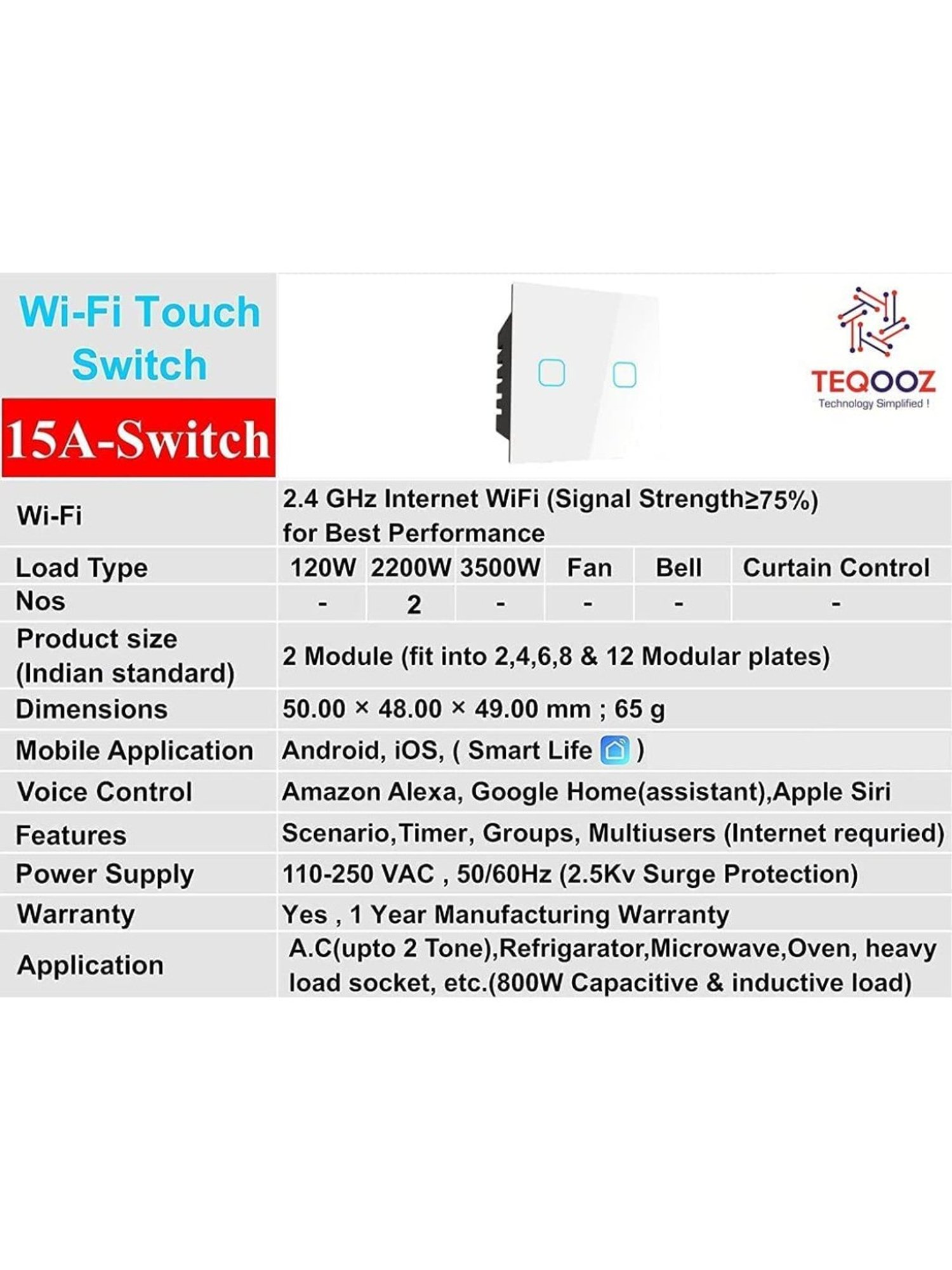 Teqooz 16Amp 2-Switch Smart Wi-Fi plus Bluetooth Touch Switch (White)