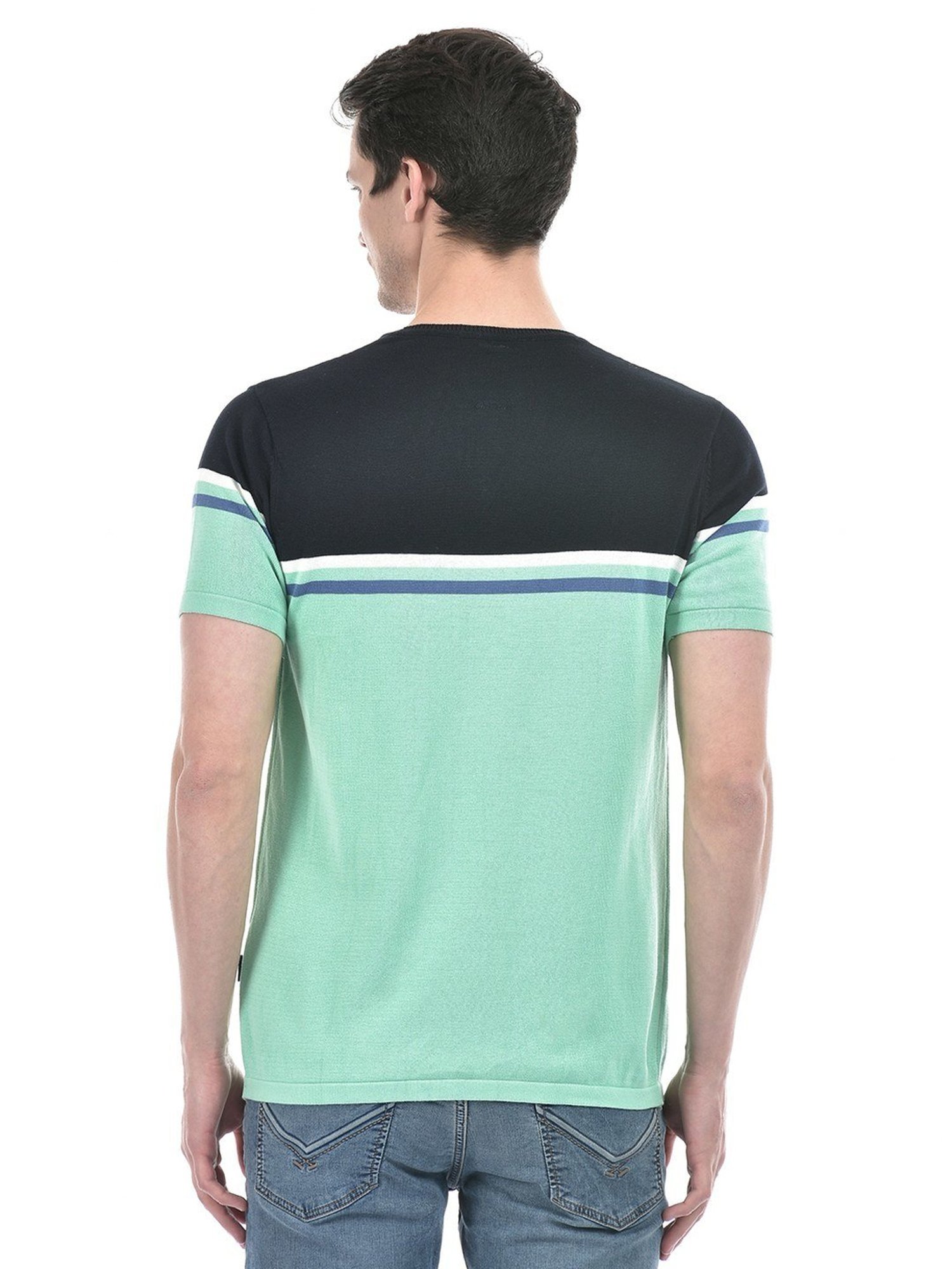 Numero Uno Navy Cotton Slim Fit Colour Block T-Shirt