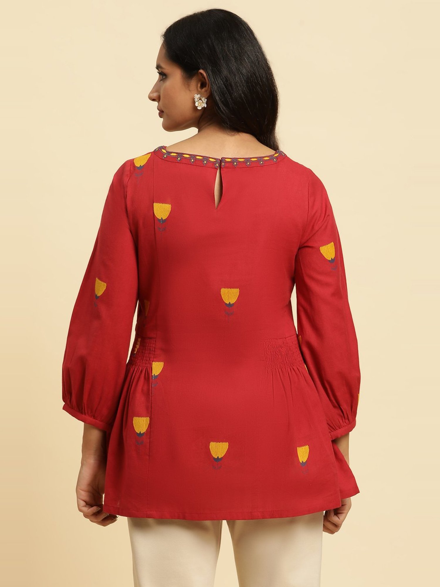 W Red Cotton Embroidered Top