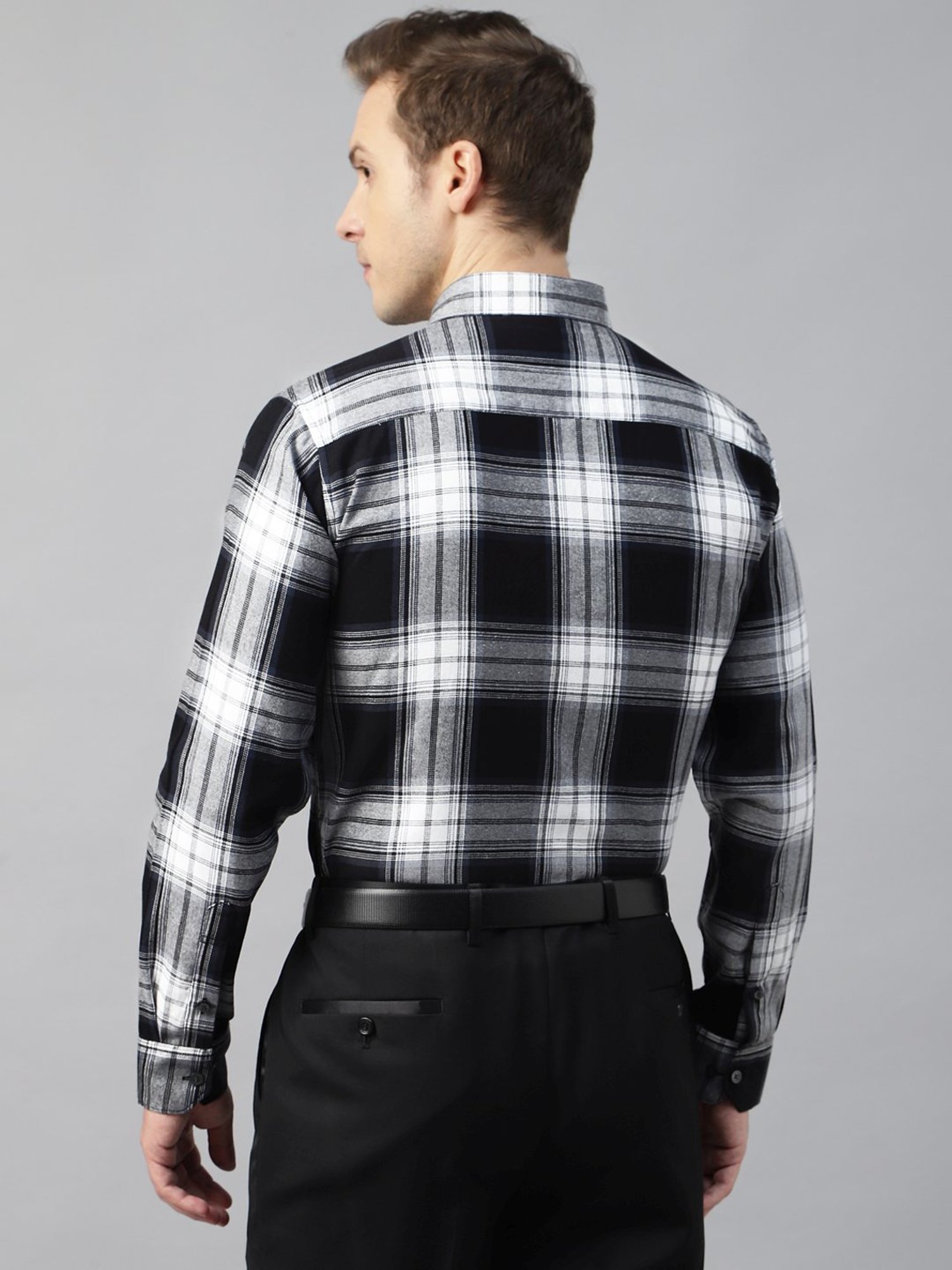 Hancock Black & White Cotton Slim Fit Checks Shirt