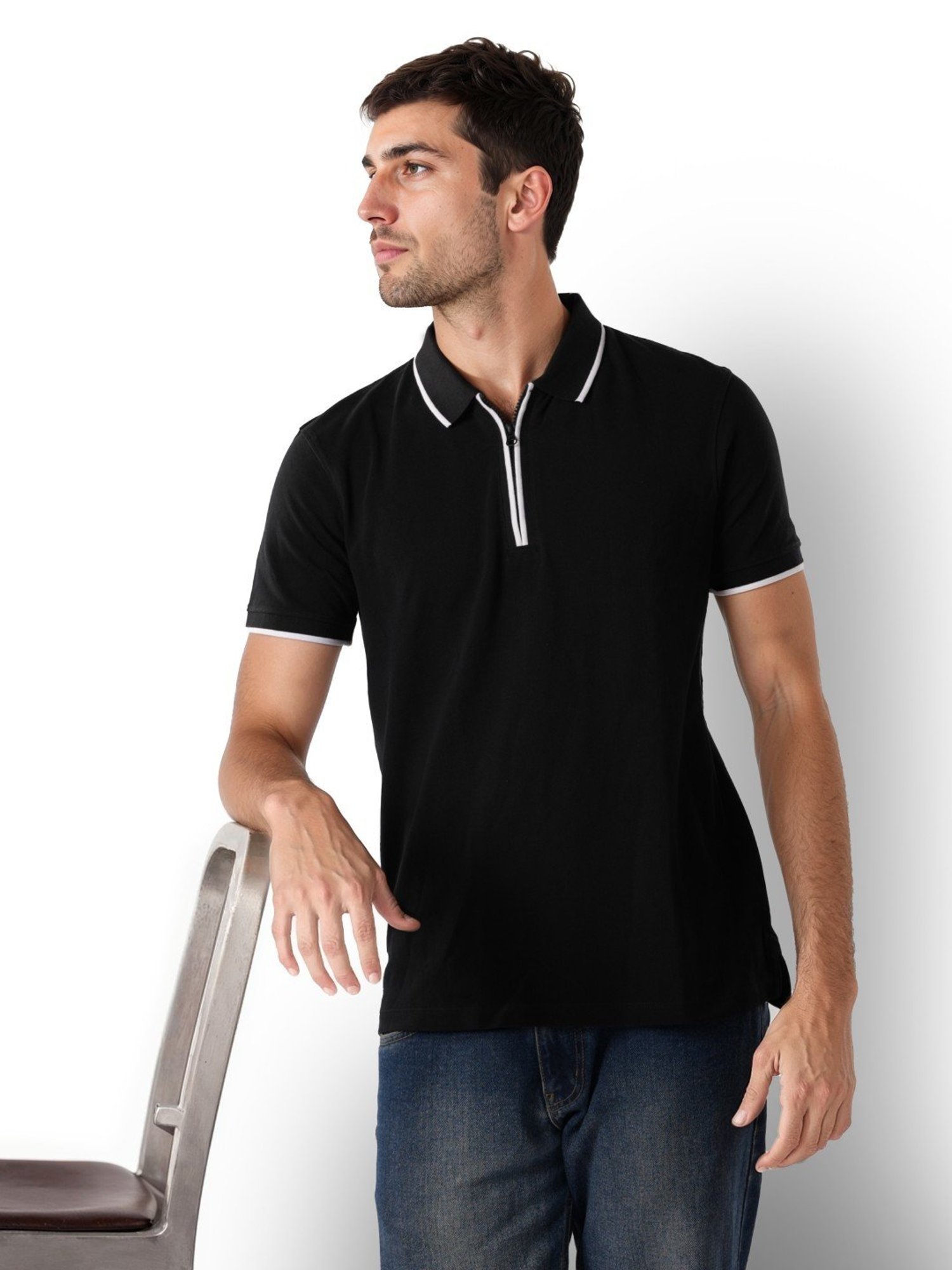 Celio* Black Cotton Regular Fit Polo T-Shirt