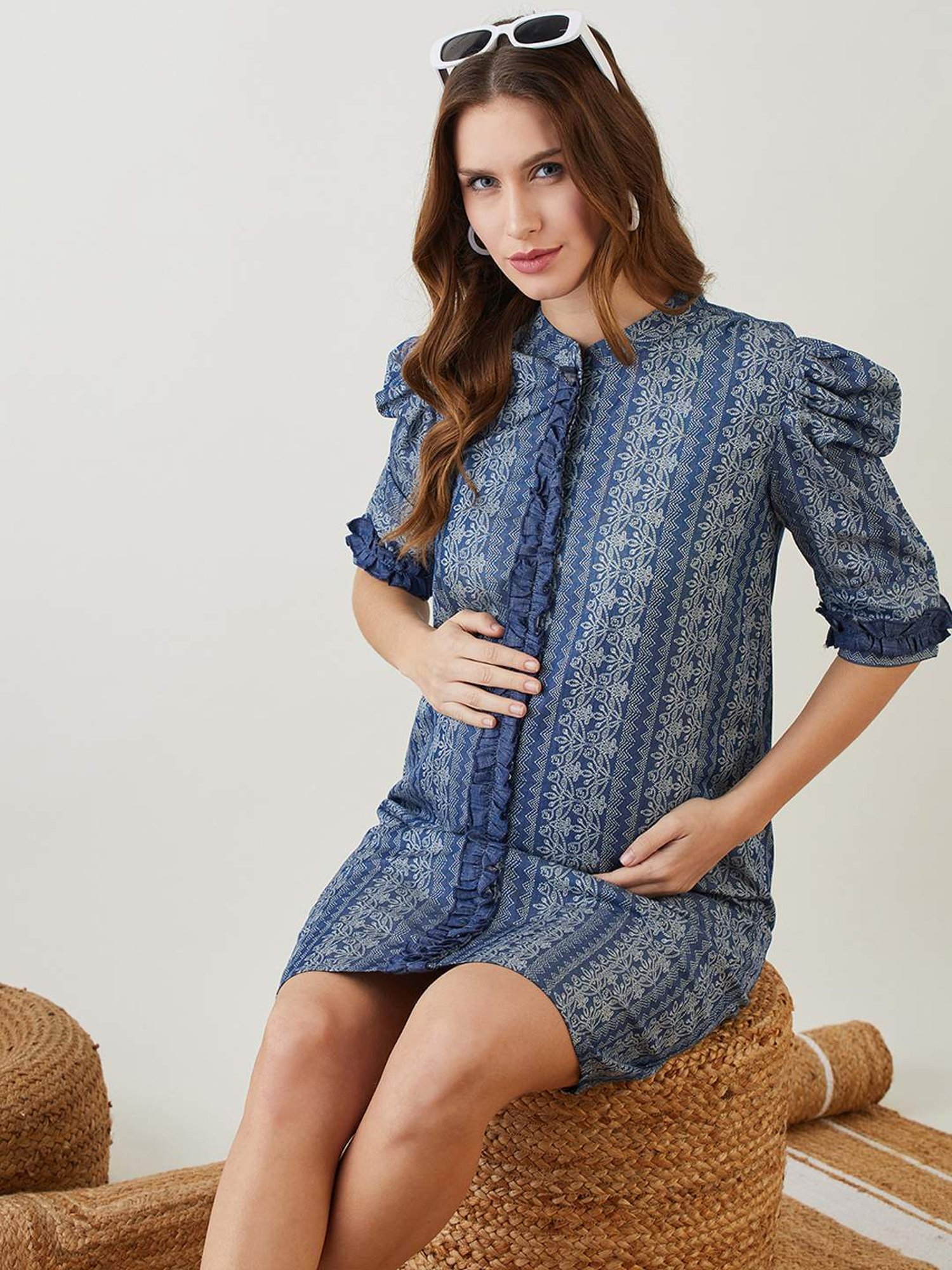 The Kaftan Company Blue Cotton Printed Maternity Dress