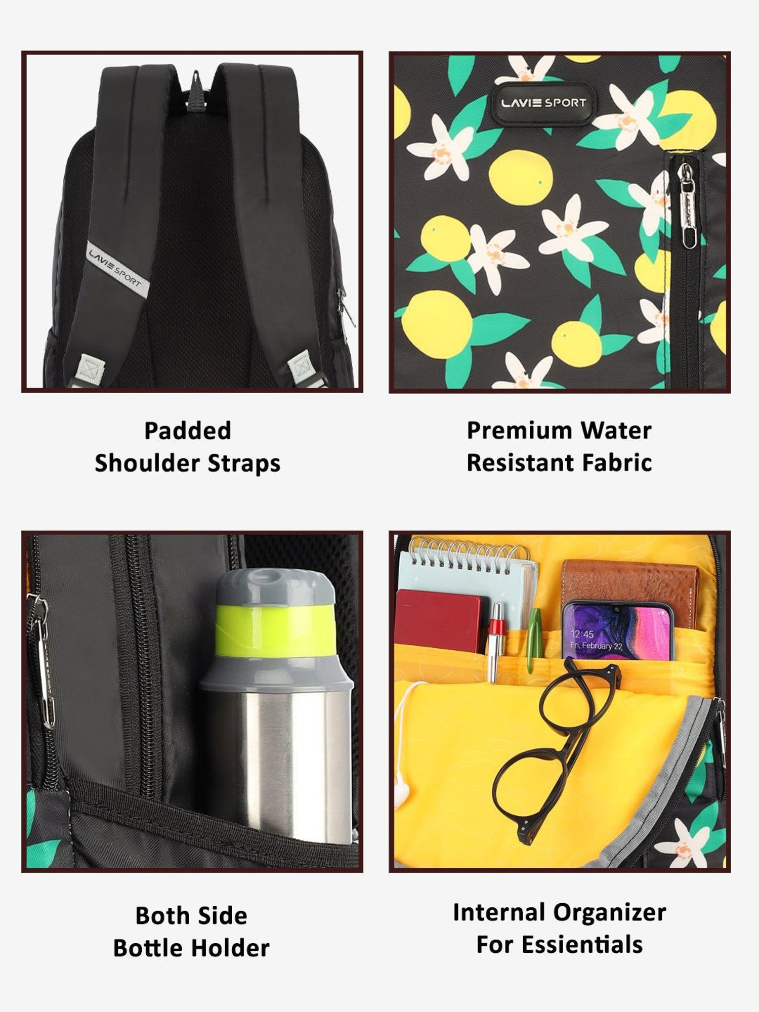 Lavie Sport Lime 26L Floral Printed School Backpack for Girls (Black)